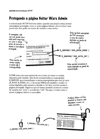 usando autenticaçao HTTP
Protegendo a página (ruitar W ars Admin
A autenticação HTTP funciona assim: quando um usuário tenta acessar
uma página protegida, como a nossa página Admin, eles recebem uma
janela que lhes pede um nome de usuário e uma senha.
0 *ave$ador web
us<
3um3jánelâ tomo
esta para re<^uisi£ar
um nome e senha,
antes de permitir o
âéesso a umô Paaina Toviewthispage,you.needtoSogmtoarea
. > J "GuitarWars"onwwfw.giisarwars.ret
pvotegîda.
Your password wil! fcc sent in Oie t'W -
Name: ;
Password;
Para manter as
doisas simples,
a senKa nao e
iriptogra-Pada.
r? Rem
em
berthispasswordinm
yH
eycbain
(■ Carccet
£sta variável superjlobal
do PHP armazena
o nome do usuário
digitado na janela de
autenticarão.
I
$ SERVER['PH P AUTH USER’ ]
$ SERVER['PHP AUTH PW']
r
£sfca variável armazena a
senha diÿtada «a janela de
autentitaçao-
O PHP entra em cena através do seu acesso ao nome e à senha
digitados pelo usuário. Eles ficam armazenados na superglobal
$_SERVER, que é semelhante a outras superglobais que vocêjá usou
($_POST, $_FILES, etc.). Um script PHP pode analisar o nome e a
senha digitados pelo usuário e decidir se ele deve receber acesso à
página protegida. Digamos que só vamos permitir acesso se o nome
do usuário for “rock”e a senha for “roll”. Eis aqui o modo como o
acesso à página Admin é concedido:
A páçynâ Admin so í
aiessível st tiverem sido
diÿtados o nome t a
senha dorreW
/y
s
5_SERVER[.pHp_Â0TH
$ SERVER[ ' PHP__AUTH_USER' ]
l_PW
<]
 