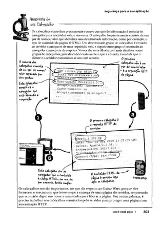 segurança para a sua apficação
A n e m ia de
um Cakeçqlfeo --------- -------------------------------------------------------------------
Oscabeçalhos controlam precisamente como e que tipo de informação é enviada do
navegador para o servidorweb, evice-versa. O cabeçalho frequentemente consiste de um
par de nomes/valor que identificauma determinada informação, como por exemplo, o
tipo de conteúdo da página (HTML).Um determinado grupo de cabeçalhos é enviado
ao servidor como parte de uma requisição web, e depois outro grupo é retornado ao
navegador como parte da resposta. Vamosdar uma olhadacom mais detalhes nestes
grupos de cabeçalhos, para descobrir exatamente oque é enviado, àmedida que o
cliente e o servidor comunicam-se um com o outro.
A maioria dos
dabeòalhos donsiste —
de Um par át tiOtnts/
valor separado por
dois pontos.
£ste dabeçalbo
espeii-fída o
navegador <ue
esti -fazendo a
re®uisidâo-
■i£-
_GET / in d e x , p h p H T T P /1 ,
H o s t : www. gui :
;a r w a r s . ne). . i
^.t.lQD^ciose -
U -ser- A g e n t -M c z illa /5 7 Ò T ? > v
" ^ c c ê p c - L n a r s e t : ISD =S SS«7
» Í...'
C a c h e - C Q n tr o l: n o ■
■ :
A c c e p t- L a n g u a g e : d e , e r.; q=Q . 7.
0 primeiro
£abetalho nao t um
par de nomes/valor
- e a requisição 6 ß T
da pagina.
0 primeiro dabeçalbo
a resposta ttTTP do
servidor-
„» „■ 1 1 : 2 2 :0 9 GMT
Server; Apache/2 .0.54
X-Powered-By: PHP/5 .2 .
■.n^far^Enroiii
Content-Type: text/html
0 tonteudo HTML- àd
pagina e enviado logo
após os tabeçalKos
•ndex.php
Este dabefalh© diz. ao
navegador que o donteudo
e dódigo HTML, em vez. de,
por e*emp!o, te*to simples.
Os cabeçalhos nos são importantes, no que diz respeito ao Guitar Wars, porque eles
fornecem o mecanismo que interrompe a entrega de uma página do servidor, requerendo
que o usuário digite um nome e uma senha para liberar a página. Em outras palavras, ê
preciso trabalhar nos cabeçalhos retornados pelo servidor para proteger uma página com
autenticação HTTP.
você está aqui ► 303
 