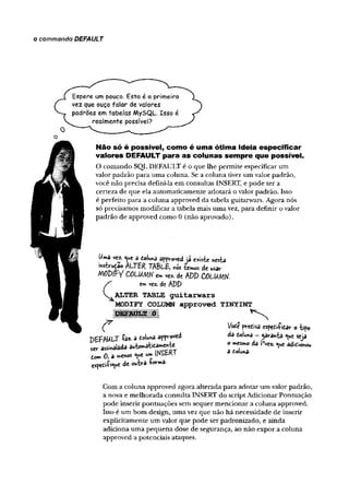 o commando DEFAULT
Não só é possível, como é uma ótima ideia especificar
valores DEFAULT para as colunas sempre que possível.
O comando SQL DEFAULT é o que lhe permite especificar um
valor padrão para uma coluna. Se a coluna dver um valor padrão,
você não precisa defini-la em consultas INSERT, e pode ter a
certeza de que ela automaticamente adotará o valor padrão. Isso
é perfeito para a coluna approved da tabela guitarwars. Agora nós
só precisamos modificar a tabela mais uma vez, para definir o valor
padrão de approved como 0 (não aprovado).
Uma vez. a doluna approved ja enisle hesta
instrudao ALTER TjABL-E, nos te»wos de war
MODIFYCOLUMN C0LUMH-
ALTER TABLE guitarwars
MODIFY COLUMN approved TINYINT
Com a coluna approved agora alterada para adotar um valor padrão,
a nova e melhorada consulta INSERT do script Adicionar Pontuação
pode inserir pontuações sem sequer mencionar a coluna approved.
Isto é um bom design, uma vez que não há necessidade de inserir
explicitamente um valor que pode ser padronizado, e ainda
adiciona uma pequena dose de segurança, ao não expor a coluna
approved a potenciais ataques.
DEFAULT a appvo^d
ser assinalada a b a te m e n t«
to menos «ue u» I.NStKl
cs?etiíi*V*€ de outra W *
to n 0 , a menos °*e
Vode predisa espedi-fidar o tipo
da doîuna —garanta ^ue seja
o mísmo da /"vez. <^*e âdidionou
â dolunâ-
 