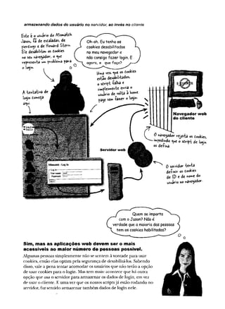 armazenando dados do usuário no servidor; ao invés no cliente
Bsfce Co uSu3vio do ATtsm
âtfiH
Jasoh, f í dc estaladas, dc
picrd‘
m$s e de ttoward Slcvn-
£!c dcsabiirb* os dookies
«o seu navegador, o <ue
reprcsewta «rr. ^voklcmâ pavâ
Oh-oh. Eu tenho os
cookies desabilítados
no meu navegador e
não consigo fazer fogin. E
agora, o que faço?
Umâ vez. <
^
w
Co
sí-ockies
estâo dcsabiivtados,
o sdrípl -falKa t
simplesmente e*v>a
u
ss/3v*o dc vol-fca 3 Ho»«€
sc»* -fasev o logjm*
0 «ave^adov rejei-fca os dookies,
pedindo <ue o sdHpi dc loai*
os deW ^
0 sevvidor 'teftla
definir os dookies
de !P e dc r)o»e do
uswáno no «ave^ador-
Quem se importa
com o Jason? Não é
verdade que a maioria das pessoas
tem os cookies habilitados?
Sim , m a s a s a p lica çõ e s w eb devem se r o m ais
a c e ssív e is ao m aior núm ero de p e sso a s possível.
Algumas pessoas simplesmente não se sentem àvontade para usar
cookies, então elas optam pela segurança de desabilitá-los. Sabendo
disso, vale a pena tentar acomodar os usuários que não terão a opção
de usar cookies para o login. Mas tem mais: acontece que há outra
opção que usa o servidor para armazenar os dados de login, em vez
de usar o cliente. E umavez que os nossos scriptsjá estão rodando no
servidor, faz sentido armazenar também dados de login nele.
 