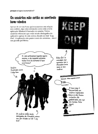 porque o logout automático?
Os usuários não estão se sentindo
bew-vindos
A p esar d e ser u m b o m aprimoramento em relação
aos cookies, algo não está muito certo com a nova
aplicação Mismatch baseada em sessões. Vários
usuários relataram que estão sendo deslogados do
aplicativo apesar de não terem clicado no link "Log
Out". A aplicação não parece mais tão amistosa... isso é
um grande problema.
UsiASrie
■
Çrvsb-adô fMntè
t âi^o b
o
*
*
»
0s usuivios esèâo sehdo
deslocados do /VJismaidH
stm tév ilidado no tmk w
Loft
0ut'
 