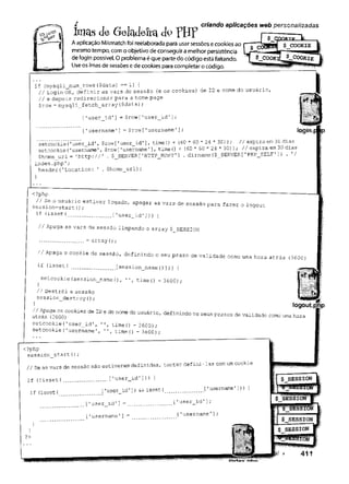 Imas de Greladeítct dç>
Aaplicação Mismatch foi reelaborada para usarsessõesecookies ao
mesmo tempo, com o objetivo de conseguiramelhor persistência
de login possível. Oproblema éque parte do código estáfaltando.
Useos imasde sessõesede cookies para completar o código.
criando aplicações web personalizadas
if (mysqli_num_rows ($data) — 1) {
// Login OK, definir as vars de sessão (e os cookies) de ID e nome do usuário,
// e depois redirecionar para a home page
$row = mysqli_fetch_array($data);
['user id'] = S r o w [’u s e r _ r d '];
[’u s e r n a m e ’] = $ r o w ['u s e r n a m e '];
'
set coo ki e (''user_id', $row ['user_id' ], time (
) + (60 * 60 * 24 * 30)); // expira em 30 dias
setcookie(’username’, $row[ ’username'], time (
) + (60 * 60 * 24 * 30) ); // expira em 30 dias
$home uri = ’h t t p : / / ’ - $ _ S E R V E R [’HTTP_ H O S T ’] . d i r n a m e ($ _ S E R V E R ['P H P _ S E L F ']) . ’/
index.php’;
header (’L o c a t i o n : 1 . $horae_url) ;
login.f |p
<?php : ‘ ~ ‘ -------
s e s s i o n - s t a r t ^ ® st^ver apagar as vara de sessão para fazer o logout
if (isset(................. [iu s e r _ i d []) ) {
// Apaga as vars de sessão limpando o array $ SESSION
................= array (
) ;
// Apaga o cookie de sessão, definindo o seu prazo de validade como uma hora atrás (3600;
if (isset( ................[session_name (
) ])) (
setcookie(session_name(), time() -3600);
// Destrói a sessão
session^destroy();
ÍLT?3Z>°°k
Íe
Sde ID 6 de "0me d° USUárl°' definind° 05 de validade como uma hora
setco o k i e (’u s e r _ i d ’, time 0 -3600);
setcookie ('username', time() - 3600);
logout,php
I
<?php
session_start ();
// Se as vars de sessão não estiverem definidas, tentar defini-las com
if (!isset ( ..............
(issetí ['user_id']) && isset (
_l 'u s e r _ i d '] =
1u s e r n a m e '] -
 