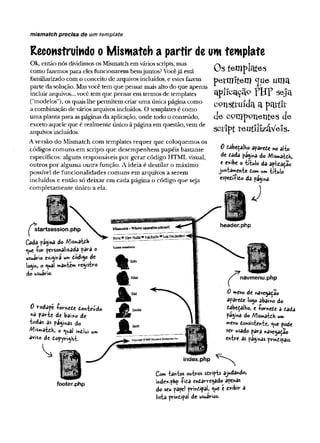mismatch precisa de um template
Reconstruindo o Mism atch a partir de um template
Ok, então nós dividimos os Mismatch em váriosscripts, mas
como fazemos para elesfuncionarem bemjuntos? Vocêjá está
familiarizado com o conceito de arquivos incluídos, e estes fazem
parte da solução. Masvocê tem que pensar mais alto do que apenas
incluirarquivos... você tem que pensar em termos de templates
("modelos"),os quais lhe permitem criaruma única página como
a combinação devários arquivos incluídos. O templates é como
uma planta para aspáginas da aplicação, onde todo o conteúdo,
exceto aquele que é realmente único à página em questão,vem de
arquivos incluídos.
Aversão do Mismatch com templates requer que coloquemos os
códigos comuns em scripts que desempenhem papéis bastante
específicos: alguns responsáveis por gerar código HTML visual,
outros por alguma outra função. A ideia é destilar o máximo
possível de funcionalidades comuns em arquivos a serem
incluídos e então só deixar em cada página o código que seja
completamente único a ela.
Ostemplates
permitem c
jue uma
aplfraçã® ?B T seja
constmída a pattír
d e C Q m pQ netites
sc rip t te u tíliz á V e ls.
0 dabedaiho aparede n©alto
de dada pagina do Mismatdh,
e exibe o título da aplidação
juntamente do*» un« título
espedífido da página-
^startsession.php
Cada página do /Vlismatdh
e^
u
e -for personalizada para o
usuário exigira um dodigo de
login, o <uâl mantém registro
do usuário.
0 rodapé Comede donteúdo
na parte de baixo de
todas as páginas do
Alismatdh, o <
^
ual indlui um
aviso de dopyright- Copyright©2Û
C9Mimatch
f navmenu.php
0 menu de nâvegadao
aparede logo abaixo do
dabedalho, e iornede a dada
pagina do Mîsmatdh um
menu donsistente, <
^
u
e pode
ser usado para navegaça©
entre as paginas prindipais.
footer,php
index.php
Com tantos outros sdripts ajudando,
index.php -fida endarregado apenas
do seu pape! prindipai, «ue é exibir a
listâ prindipai de usuários-
 