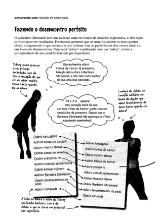 procurando uma relação de amor-ódio
Fazendo o desencontro perfeito
O aplicativo Mismatch tem um número cada vez maior de usuários registrados, e eles estão
prontos para ver resultados. Precisamos permitir que os usuários achem os seus opostos
ideais, comparando o que amam e o que odeiam com as preferências dos outros usuários,
em busca de desencontros. Para cada "adoro”combinado com um "odeio", maior a
probabilidade de um casal formar um par imperfeito.
Sidney ainda pvodura
o seu prfhdipe
e^tantado, i»i3s ela
“
te*" a sensação de <
^
u
e
ele vai odiar reality
shows -fcan
-fco <
^
u
a
>
v
fco
ela os adorâ-
Lewbra do Oo^a») w*
doratSo solitário e»
bus£a de al^Vké» «ue
odeie'levantamento
pesos tanto quanto
adora?
Odeio tatuagens
Adoro botas de caubói
Adoro realíty shouís:
Odeio filmes de terror
Odeio presunto
Adoro comida apimentada"
Odeio Hooíard £tern
Adoro Barbara Çtreisand^
Odeio levantamento de^
peso ~
Adoro escalada
h l»»ta âkW S rvt odeio da Sidney
tonhrãslê bâshnic tom a de
Johan, o «u
»e O
S torna um potential
par i»per+eito-
4doro tatuogerts
Adoro bofas de caubói
* Odeio resfity shows
-Àdoro film es dk te rro r
"Adoro presunto .
*doro comida apimentada1
^doro Howard Stem
■°dcío Barbara Streisand
^doro íevantamento de peso
Odeio escalada
r
*_
çx.
 