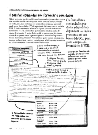 utilizando formulários comandados por dados
Épossível comandar um formulário com dados
Não é novidade que formulários web sãousados para se obter dados Q g
dos usuários através de campos de texto, listas de seleção, botões
de rádio, etc., mas pode não ser muito óbvio o fato de que você
pode gerar formulários HTML a partir de dados do banco, usando
PHP. Aideia, no caso do Mismatch, é gerar dinamicamente um
formulário HTML contendo o questionário criado a partir de
dados de resposta. O script do formulário assume quejá existem
dados de resposta, o que o permite gerar o formulário a partir da
tabela mismatch_response. Nós sabemos que é seguro assumirisso,
porque acabamos de escrever o código que adiciona respostas vazias
na primeira vezque o usuário visitao formulário.
$ dHâve primária response_jd
c fcsâdâ pèirâ ide*tií»dar
mdWidwalmChtÉ os da»*pos do
-formulário H T M t e sí assodiar
tèdâ dâropo tom un*a ImHS do bardo-
0 dodigo do íormulario
ttT/WL e jerado a partir primária do ba*do-
/ de dados na tabela
miSmátdh_respohsc.
re s p o n s e jd ^ ^
response
userjd
c o m ^ d a d o s p o r
dadps (data-drlVe)
dependem de dadps
^resentes em um
?moo M/SqL para
gerar campos de
íp rm u lá rip s H T M L .
Os da»pos do £cm*i*lário sôo
vindulados a linhas do bâftdo
dc^m m do-sc o «on»€ de
dada dantpo do»o a cbsve
topic.i d ^ i r
<form method="pcst" ac;ior.=”">
<p>How do you feel about each
<fieldset>
<-sgend>Appearance</iegend>
■
clabei for=’-76">TattooS:</iabel><input type=-radio
/>Love
<mput type="radio" id«"7
7»name="7
7
"
/>Loveabel f°r=,,78">Bo^ Pacings:</label><ira e" />Hate<br />
<mput type^’
radio" id-
<label for
/>Lo
v
<
5
<inr)u
O form ulário reflete
as respostas do
usuário para cada
tópico.
 