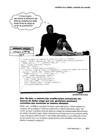 controle seus dados, controle seu mundo
O novo projeto
das tabelas do Mismatch não
afeta as consultas que estão
sendo feitas no código do
script do questionário?
O
i i ü « MÜHR891
category id O""-)*
name
// Obtém os dados de resposta do banco para gerar o formulário
$query = "SELECT response_id, topic_id, response FROM mismatch_response
"WHERE user_íd = . $_SESSION['user_id'
] . " ;
$data = mysqlí_query($dbc, $query);
$responses = array 0;
while ($row = mysqli_fetch_array($data)) {
// Verifica o nome do tópico correspondente à resposta na tabela dos tópicos
$query2 = "SELECT name, category FROM mismatch_top:LC " •
"WHERE topic_id = . $row[[topic_id'] . ";
$data2 = mysqli_query($dbc, $query2);
if (mysqli_num_rows($data2) ==. 1) {
$row2 = mysqli_fetch_array($data2);
$row[1topic_name'
3 = $row2['name'];
$row['category^name1] = $row2[1category'];
array_push($responses, $rowj;
questionnaire.php
Sim. De fato, a maioria das modificações estruturais em
bancos de dados exige que nós ajustemos quaisquer
consultas que envolvam as tabelas afetadas.
Neste caso, modificar o projeto do banco para adicionar a tabela mismatch_
category afeta qualquer consulta envolvendo a tabela mismatch_topic. Isso
ocorre porque o projeto anterior tinha as categorias armazenadas diretamente
na tabela mismatch_topic. Após colocarmos as categorias na sua própria tabela,
o que nós agora sabemos que é uma ótima ideia graças à normalização, torna-
se necessário rever as consultas e programá-las para trabalhar com uma nova
tabela (mismatch_category).
você está aqui ► 471
 