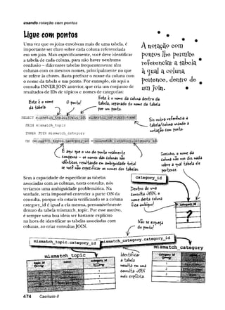 usando rotação com pontos
Ligue com pontos
Uma vez que osjoins envolvem mais de uma tabela, é
importante ser claro sobre cada coluna referenciada
em umjoin. Mais especificamente, você deve identificar
a tabela de cada coluna, para não haver nenhuma
confusão - diferentes tabelas frequentemente têm
colunas com os mesmos nomes, principalmente no que
se refere às chaves. Basta prefixar o nome da coluna com
o nome da tabela e um ponto. Por exemplo, eis aqui a
consulta INNERJOIN anterior, que cria um conjunto de
resultados de IDs de tópicos e nomes de categorias:
E ste e o Mwe dà doiuna dentro da
Anptaçãp com
pont°S lfee peO Tite
te îe îe n cîa t 3. tabela.
à-juEÜ a coluna
pertence, detiti'O de
umjoin. •
£ ste é o nome
da tabela-
0 ponto/ tabela, separado do nome da tabela
por um ponto-
SELECT
FROM mismatch__topic
INNER JOIN mismatch_category
isijiiij««
1® à £ IS ©wfcra reierendia â
^ _ tabila/èoiw na usando a
ta ç a o to*» ponto-
not
£ a^wi <ue o uso do ponto realmente
dompensa - os nomes dâs doiunas são
identidos^resultando em ambiguidade total
se vote nao espediíidar os nomes das tabelas.
Sem a capacidade de especificar as tabelas
associadas com as colunas, nesta consulta, nós
teríamos uma ambiguidade problemática. Na
verdade, seria impossível entender a parte ON da
consulta, porque ela estaria verificando se a coluna
category_id é igual a ela mesma, presumivelmente
dentro da tabela mismatch_topic. Por esse motivo,
é sempre uma boa ideia ser bastante explícito
na hora de identificar as tabelas associadas com
colunas, ao criar consultasJOIN.
n u.sm atch_ topic. c a te g o ry id
Sozinho, o nome da
doiuna rôo nos d»2- nada
sobre a ^ual tabela ele
pertende-
Pentro de uma
Consulta OÖlK, o
nome desta doiuna
lid a a»bí<
nao se esqueça
do ponto/
mismatch topic
i_category
(dentiiidar
a tabela
resulta em uma
donsulta Jö lK
mais expifdíta.
l i s l l ^ f c i s i i í í
1 l;-=A pp^àflce'‘ ':
2 ÏKt-ect^irî^jtiV.
3 i ■fo&p ' .. 1
... ilr'i-'-;"--
474 Capítulo 8
 