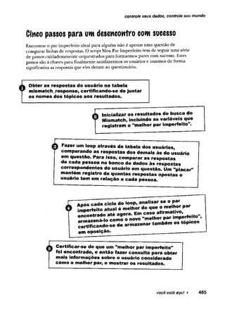 controle seus dados, controle seu mundo
Cinco passos para um desencontro com sucesso
Encontrar o par imperfeito ideal para alguém não é apenas uma questão de
comparar linhas de respostas. O script Meu Par Imperfeito tem de seguir uma série
de passos cuidadosamente orquestrados para formarmos pares com sucesso. Estes
passos são a chaves para finalmente satisfazermos os usuários e usarmos de forma
significativa as respostas que eles deram ao questionário.
A Obter as respostas do usuário na tabela
T mismatch response, certificando-se de juntar
I os nomes dos tópicos aos resultados.
À Inicializar os resultados de busca do
Mismatch, incluindo as variáveis que
registram o “melhor par imperfeito".
0 Fazer um loop através da tabela dos usuários,
comparando as respostas dos demais às do usuário
em questão. Para isso, comparar as respostas
de cada pessoa no banco de dados às respostas
correspondentes do usuário em questão. Um "placar"
mantém registro de quantas respostas opostas o
usuário tem em relação a cada pessoa.
i | Após cada ciclo do loop, analisar se o par
y imperfeito atual é melhor do que o melhor par
encontrado até agora. Em caso afirmativo,
armazená-lo como o novo "melhor par imperfeito",
certificando-se de arm azenar também os tópicos
em oposição.
£ Certificar-se de que um "melhor par imperfeito"
foi encontrado, e então fazer consulta para obter
mais informações sobre o usuário considerado
como o melhor par, e m ostrar os resultados.
você está aqui ► 485
 