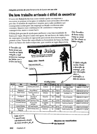 Um bom trabalho arriscado édifícil de encontrar
O novo site Riskyjobs.biz tem como missão ajudar as empresas a
encontrar as pessoas certas para os trabalhos mais arriscados oferecidos
por elas. O modelo de negócios é simples: para cada candidato que
conseguirmos achar para um emprego arriscado recebemos uma
comissão. Quanto mais combinações de candidatos e empregos
conseguirmos, maior o nosso lucro.
O Riskyjobs precisa de ajuda para melhorar a sua funcionalidade de
busca por vagas. Dojeito como está agora, ha um banco de dados cheio
de empregos arriscados só esperando para serem descobertos pelas
pessoas certas. Vamos dar uma olhada no formulário de busca do Risky
Jobs e no banco de dados subjacente, que contém asvagas disponíveis.
0 íormulâHo de
busCa ddiOhâ um3
Cor»sulta na tabela
riskyjobs, a qual
produra fo r empregos
que batam dom o
driterío de busca-
riskyjobs precisa de uma ferramenta de busca em seu site
Éste -Pormulario
de busca simples
dhama umsdript
que -Paz. a busca na
"tabela riskyjobs.
A tabela riskyjobs
Contem títulos
e descrições de
emprejos, junto
Com m-formaÇoes
sobre a
localização e a
data do anundio-
[ iü i l i i i i i l l i I lililM * « ! .™.p,ny.
=•
'
■
■
■
■ -
1 Matador Bustling dairy farm... Rutland VT 05701 Mad About Milk
Dairies
2008-03-11 10:51:24
2 Paparazzo Top celebrity... Beverly Hills CA 90210 Diva Pursuit, LLC 2008-03-24 10:51:24
3 Shark Trainer Training sharks to
do...
Orlando FL 32801 SharkBait, Inc. 2008-04-28 03:12:45
4 Firefighter The City of
Datavilie...
Dataville OH 45490 City of Dataville 2008-05-22 12:34:17
5 Voltage Checker You'll be out in the... Durham NC 27701 Shock Systems, LLC 2008-06-28 11:16:30
6 Crocodile Dentist Do you love
animals...
Everglades
City
FL 34139 Ravenous Reptiles 2008-07-14 10:51:24
7 Custard Walker We need people... Albuquerque NM 87101 Pie Technologies 2008-07-24 10:54:05
8 Electric Bull
Repairer
Hank's HonkyTonk... Hoboken NJ 07030 Hank's HonkyTonk 2008-07-27 11:22:28
A
, Cada
> t identificado
mdividuaUente atrases
da cKave primaria job_id-
Mostra os resultados
■^da busca!
502 Capítulo 9
 