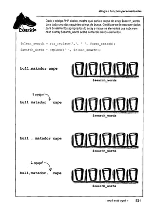 stings e funções personalizadas
Dado o código PHP abaixo, mostre qual seria o output do array $search_words
para cada uma das seguintes strings de busca. Certifique-se de escrever dados
para os elementos apropriados do array e risque os elementos que sobrarem
caso o array $search_words acabe contendo menos elementos.
$clean_search = str_ re p la c e ( ', ', '', $user_search);
$search_words = explode(' ', $clean_search);
bull,matador cape
$search words
3 cspatos;—
buli matador cape
$search words
$search words
você está aqui ► 521
 