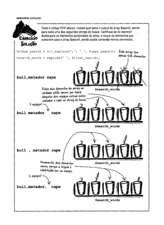 exercício solução
Dado o código PHP abaixo, mostre qual seria o output do array $search_words
para cada uma das seguintes strings de busca. Certifique-se de escrever
^ » dados para os elementos apropriados do array, e risque os elementos que
ftCIClO sobrarem caso o array $search_words acabe contendo menos elementos..
SoLuçao
$clean_search = str_replace (', ', 1 1, $user_search) ; Este array tem
$search_words = explode(
' $clean search) ; fc a tres elementos
bull,matador cape
3 espatosf —
buli matador cape
Estes dois elementos do array «a
verdade esta© vadios, por òausa
da<weles dois espaços entras entre
ftâtador e tâft na string de Ws£3
$search words
$search words
bull , matador cape
Nova»>ehte, dois elementos
vazios, porque a vírgula e
substituída por uimespado.
X espatos'
buli,
matador, cape
$search words
 