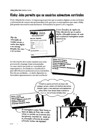 riskyjobs tem dados ruins
Risky Jobs permite que os usuários submetam currículos
O site riskyjobs.biz cresceu. A empresa agora permite que os usuários digitem os seus currículos
e informações de contato em um formulário web, para que os empregadores que usam o Risky
Jobs possam encontrá-los mais facilmente. O formulário separece com o seguinte:
0 novo íormulario de registro do
Risky Jobs permite ^ue os usuários
digite» m-forma^oes pessoais, de modo
Alé» das °SPcrk n^*s empregadores possa»
. r ~ i -**1 íe*do*tra-!os.
m+or^açoes de
£ontato normais, o
usuário deve digitar
o seu e»prego
desejado, be» torno
o seu durrídJo.
As informações dos nossos usuários que estão
procurando emprego ficam armazenadas
em uma tabela que pode ser consultada por
empregadores, recrutadores e headhunters
para identificarem potenciais novos contratados.
Mas há um problema... os dados digitados no
formulário aparentemente não sâo confiáveis!
Nome;FourFingers
5°brenom
e:M
cGraw
T p S :
f
o
l
í@9regs'
'
i
s
tnet
Telefone: 555-098
d
e
mfacT DeSejad° Ma,aba^ía
Nome: Jimmy
?mprengoDeseiado:Ninja
Primeiro eu queria contratar um ninja e não
consegui, porque o número de telefone dele estava
faltando. Agora, o meu email para este malabarista
voltou. Estou cheio desses dados inválidos do
b an c o de currículos do Risky Jobs.
O
0s empregadores pode» ía^ r busôâs no
ba»£o de dados do Risky Jobs e ehtao
e*trar em dontato tor* as pessoâs para,
possivelmente, dontrata-ias... desde <
^
u
e
as ijvfWmaáoes su-fidichtes de dontato
su+idientes tenha» sido digitadas/
 
