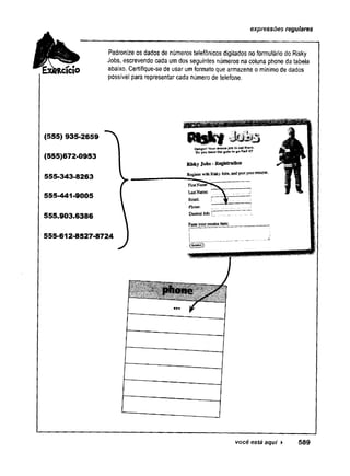 expressões regulares
RCÍCÍO
Padronize os dados de números telefônicos digitados noformuláriodo Risky
Jobs, escrevendo cada umdos seguintes números na coluna phone da tabela
abaixo. Certifique-se de usar umformato que armazene o mínimode dados
possível para representar cada número de telefone.
(555) 935-2659
(555)672-0953
555-343-8263
555-441-9005
555.903.6386
555-612-8527-8724
Dangers You» job is there.
Bo you fiaye the guts »«■S*>,,n<1 lt?
Risky Jobs-Registration
Register wife Sisley Jobs*and pest yooiresume-.
você está aqui ► 589
 
