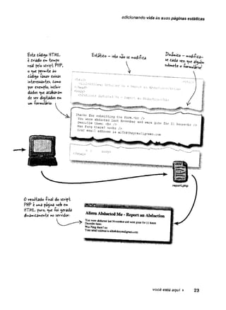 adicionando vida às suas páginas estáticas
Este tod130 HTML
e chad© emicmp©
veal pe!o sdripi PHP,
o «
^w
e perm'rte ao
dodi^o issuer doisas
iniereisar>-tes; demo
for exemple, indluir
dados <
^u
e adabaram
de ser digrfcados em
um•formylario.
Estítido - isto rto sc modi-Pida. £>mãmido - modi-pida—
«dada vez.nue auu^
Orneie o iUr^WaVio/
Thanks for submitting the form.<br / >
You were abducted last November and were gone for 11 hours<br />
Describe them: <br />
Was Fang there? no<br />
Your email
0 resul-fcado -filial do sdript
PHP e uma patina web e
w
*
HTML puro, <
^w
e-foi gerada
dihdMnidamewte «o servidor.
você está aqui ► 23
 
