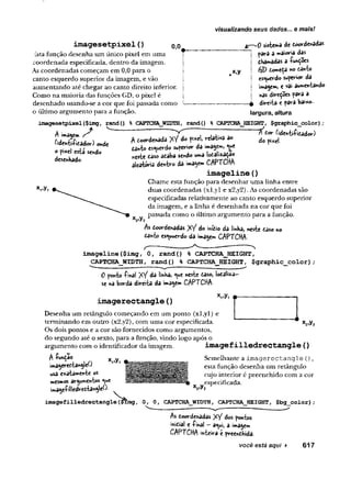 visualizando seus dados... e mais!
imagesetpixel (
) q,
0
Lstafunção desenha um único pixel em uma
coordenada especificada, dentro da imagem.
As coordenadas começam em 0,0 para o
canto esquerdo superior da imagem, e vão
aumentando até chegar ao canto direito inferior.
Como na maioria das funções GD, o pixel é
desenhado usando-se a cor que foi passada como
o último argumento para a função.
£—>0 sistema de toordenadas
vara a w>aior‘»adas
j thamadas a íunções
X#y | 6jf) iorr.Çtâ nO tânto
j esquerdo swperior da
j imagem, e va*aumentando
j nas direções para a
direita e pa^a ba‘
«*o-
largura, altura
imagesetpixel ($img, rand() % CAPTCHA_WIDTH, rand() % CAPTCHAJHEIGHT, $graphic_color) ;
A imagem
fidenti-Pitador) onde
o pixel está sendo
desenhado.
xvVi
, . i L
- ^ to c íidenti-fitador)
A toordenada yH d« ?»*«>
>relativa ao ^ ?ixí(
danto esquerdo superior da imagem, *^ue
neste tas©ataba sendo uma localí&a^a«
aleatória dentro da »magem CAPTCHA-
imageline (
)
Chame esta função para desenhar uma linha entre
duas coordenadas (xl,yl e x2,y2). As coordenadas são
especificadas relativamente ao canto esquerdo superior
da imagem, e a linha é desenhada na cor que foi
r passada como o último argumento para a função.
2
As Coordenadas x / do inítio da linha, neste taso no
tanto esquerdo da imagem CAPTCHA-
image1ine{$irag, 0, rand(
) % CAPTCHAJHEIGHT,
CAPTCHA_WIDTH, rand() % CAPTCHAJHEIGHT, $graphic_color);
0 ponto íinal XY dâ linha, <ue neste taso, lotaliza-
se na borda direita da imâgem CAPTCHA-
imagerectangle <
)
Desenha um retângulo começando em um ponto (xl,yl) e
terminando em outro (x2,y2), com uma cor especificada.
Os dois pontos e a cor são fornecidos como argumentos,
do segundo até o sexto, para a função, vindo logo após o
*2>y2
argumento com o identificador da imagem.
A -(-unção x y ^
imaaerettanftleO
J I I : =ríí
wsa e*atamente os
mesmos argumentos «ue
i»*age£illedreitangleí)• *2>y
imagefilledrectangle(
)
Semelhante a im agerectangle (),
esta função desenha um retângulo
cujo interior é preenchido com a cor
especificada.
imagefilledrectangle($img, 0, 0, CAPTCHA_WTDTH, CAPTCHA_HEIGHT, $bg_color);
As toordenâdâs XY dos pontos
initiai e -finai - a«ui, a imagem
CAPTCHA inteira é preenthida.
você está aqui ► 617
 