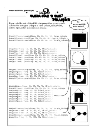 quem desenha o que solução
Ligue cada bloco de código PHP à imagem gráfica gerada por ele.
Assuma que a imagem ($img) e as cores ($black_color, $white_
color e $gray_color) já tenham sido criadas.
imagefilledrectangle($img, 10, 10, 90, 90, $gray_color);
imagefilledellipse($img, 50, 50, 60, 60, $white_color); ,
imagefilledrectangle($img, 40, 40, .
6
0
, 60, $black_color)
imageline($img, 15, 15, 50, 50, $black_color);
imageline{$img, 15, 85, 50, 50, $black_color);
imageline($img, 50, 50, 85, 50, $black_color);
imagefilledellipse ($img, 15, 15, 20, 20
.
,$gray_color) ;
imagefilledellipse($img, 15, 85, 20, 20, $gray_color);^
imagefilledellipse ($img, 50, 50, 20, 20, $gray_color.) ;
imagefilledellipse($img, 85, 50, 20, 20, $gray color);
imagefilledrectangle($img, 10, 10, 90, 60, $gray_color);
imagesetpixel($img, 30, 25, $black_color);
imagesetpixel($img, 70, 25, $black_color);
imageline($img, 35, 45, 65, 45, $black_color);
imagefilledrectangle($img, 45, 50, 55, 90, $gray color);
imageellipse{$img, 45, 45, 70, 70, $black_color);
imagefilledellipse ($img, 75, 75, 30, 30, $gray__color) ;
imagesetpixel($img, 10, 10, $black_color);
imagesetpixel($img, 80, 15, $black_color);
imagesetpixel($img, 20, 15, $black_color);
imagesetpixel($img, 90, 60, $black_color);
imagesetpixel($img, 20, 80, $black_color);
imagesetpixel($img, 45, 90, $black color);
imagefilledrectangle($img, 25, 35, 75, 90, $black_color)
imageline($img, 10, 50, 50, 10, $black_color);
imageline($img, 50, 10, 90, 50, $black_color);
imagefilledrectangle(
$img, 45, 65, 55, 90, $white_color);
imageline($img, 0, 90, 100, 90, $black_color);
 