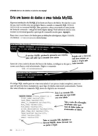 Crie um banco de dados e uma tabela MySQL
criando banco de dados e tabelas no mysql
Algumas instalações do MySQLjá incluem um banco de dados. Senão for o caso
da sua, você terá de criarseu próprio banco, usando o comando SQL CREATE
DATABASE no terminalMySQL. Mas, primeiro, abra o terminal em umajanela
de linha de comando - em geral, basta digitar mysql. Você saberá se entrou com
sucesso no terminal quando o prompt de comando mudar para mysql>.
Para criar o novo banco de dados para asabduções alienígenas, digite CREATE
DATABASE aliendatabase;destaforma:
0 servidor My£$L geralmente apresenta uma resposta,
para vote saber que o tomado -teve sutesso
Quando usar o -terminal,
vote deve tolotar um
ponto e vírgula apos
Antes de criar a tabela dentro do banco de dados, certifique-se de que o to*râ*dc-
nosso novo banco está selecionado. Digite o comando
USE aliendatabase;
1 File Edit Window Help PhoneHome
mysql> USE aliendatabase,
Database changed
O código SQL usado para se criar uma tabela é um pouco mais complexo, uma vez
que ele precisa dizer, exatamente, qual tipo de dados está sendo armazenado. Vamos
dar uma olhada no comando SQL antes de digitá-lo no terminal:
Ésfce t um tom3ndo
usado para que seja triada
uma nova tabela-
.
iens_abduction
first_name varchar(30),
last_name varchar.(30) ,
when_it_happened varchar(30),
how_long varchar(30),
how_many varchar(30),
alien_description varchar(100)
what_they_did varchar(100),
fang_spotted varchar (10)
other varchar(100),
email varchar(50)
Todos os tomândos SQL deitados no
terminai MySQL devem terminar tom
um ponto e vír^ula-
Todo o resto são míormaçoes
detalhadas sobre quais
tipos de dados podem ser
armazenados na tabela.
 