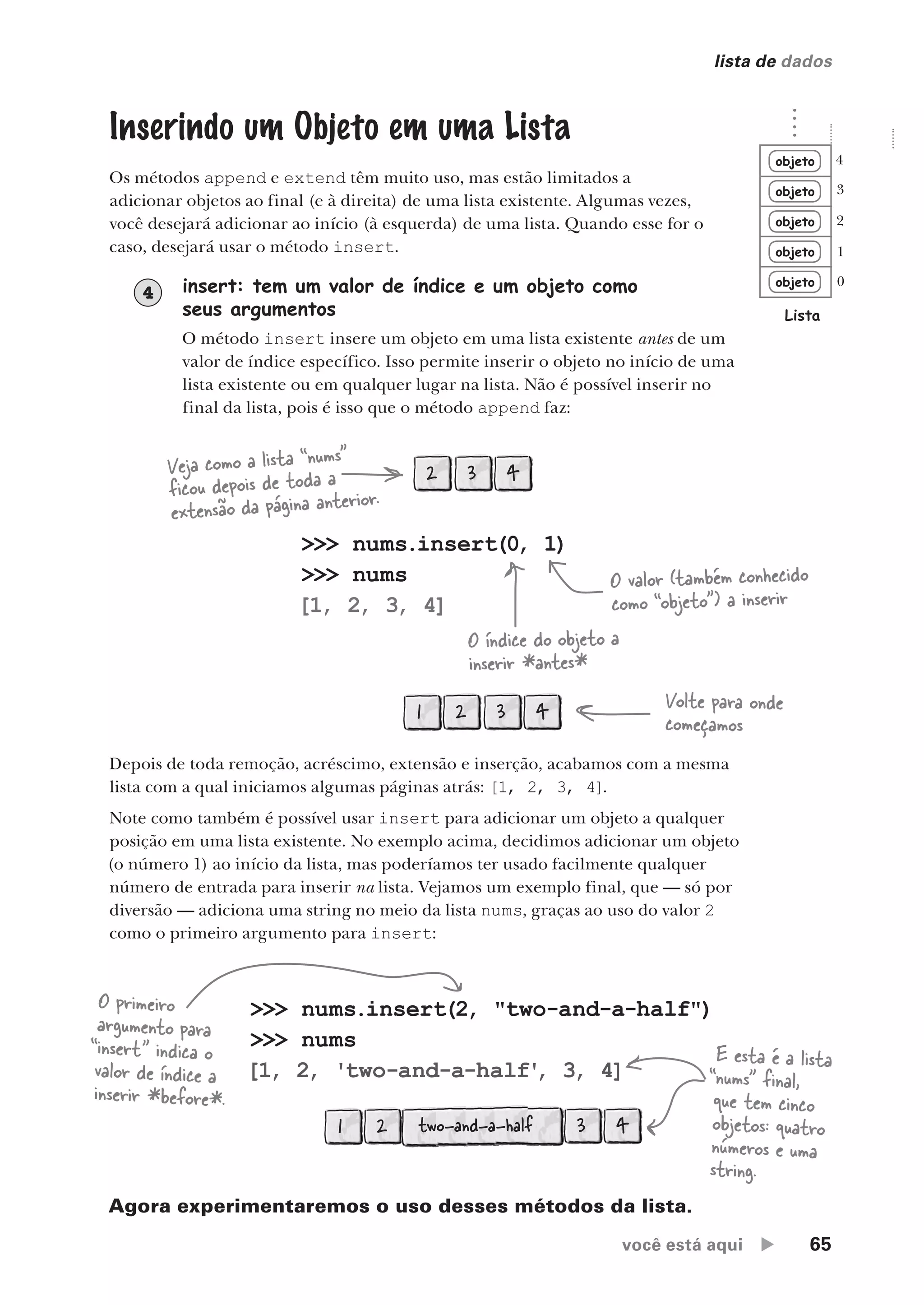 você está aqui  65
lista de dados
Depois de toda remoção, acréscimo, extensão e inserção, acabamos com a mesma
lista com a qual iniciamos algumas páginas atrás: [1, 2, 3, 4].
Note como também é possível usar insert para adicionar um objeto a qualquer
posição em uma lista existente. No exemplo acima, decidimos adicionar um objeto
(o número 1) ao início da lista, mas poderíamos ter usado facilmente qualquer
número de entrada para inserir na lista. Vejamos um exemplo final, que — só por
diversão — adiciona uma string no meio da lista nums, graças ao uso do valor 2
como o primeiro argumento para insert:
insert: tem um valor de índice e um objeto como
seus argumentos
O método insert insere um objeto em uma lista existente antes de um
valor de índice específico. Isso permite inserir o objeto no início de uma
lista existente ou em qualquer lugar na lista. Não é possível inserir no
final da lista, pois é isso que o método append faz:
4
Inserindo um Objeto em uma Lista
Os métodos append e extend têm muito uso, mas estão limitados a
adicionar objetos ao final (e à direita) de uma lista existente. Algumas vezes,
você desejará adicionar ao início (à esquerda) de uma lista. Quando esse for o
caso, desejará usar o método insert.
objeto
objeto
objeto
objeto
objeto
Lista
0
1
2
3
4
>>> nums.insert(2, "two-and-a-half")
>>> nums
[1, 2, 'two-and-a-half'
, 3, 4]
2 4
3
1 two-and-a-half
O primeiro
argumento para
“insert” indica o
valor de índice a
inserir *before*.
E esta é a lista
“nums” final,
que tem cinco
objetos: quatro
números e uma
string.
>>> nums.insert(0, 1)
>>> nums
[1, 2, 3, 4]
O índice do objeto a
inserir *antes*
O valor (também conhecido
como “objeto”) a inserir
2 4
3
Veja como a lista “nums”
ficou depois de toda a
extensão da página anterior.
2 4
3
1
Volte para onde
começamos
Agora experimentaremos o uso desses métodos da lista.
CG_HeadFirst_Python.indb 65 18/07/2018 13:18:09
 