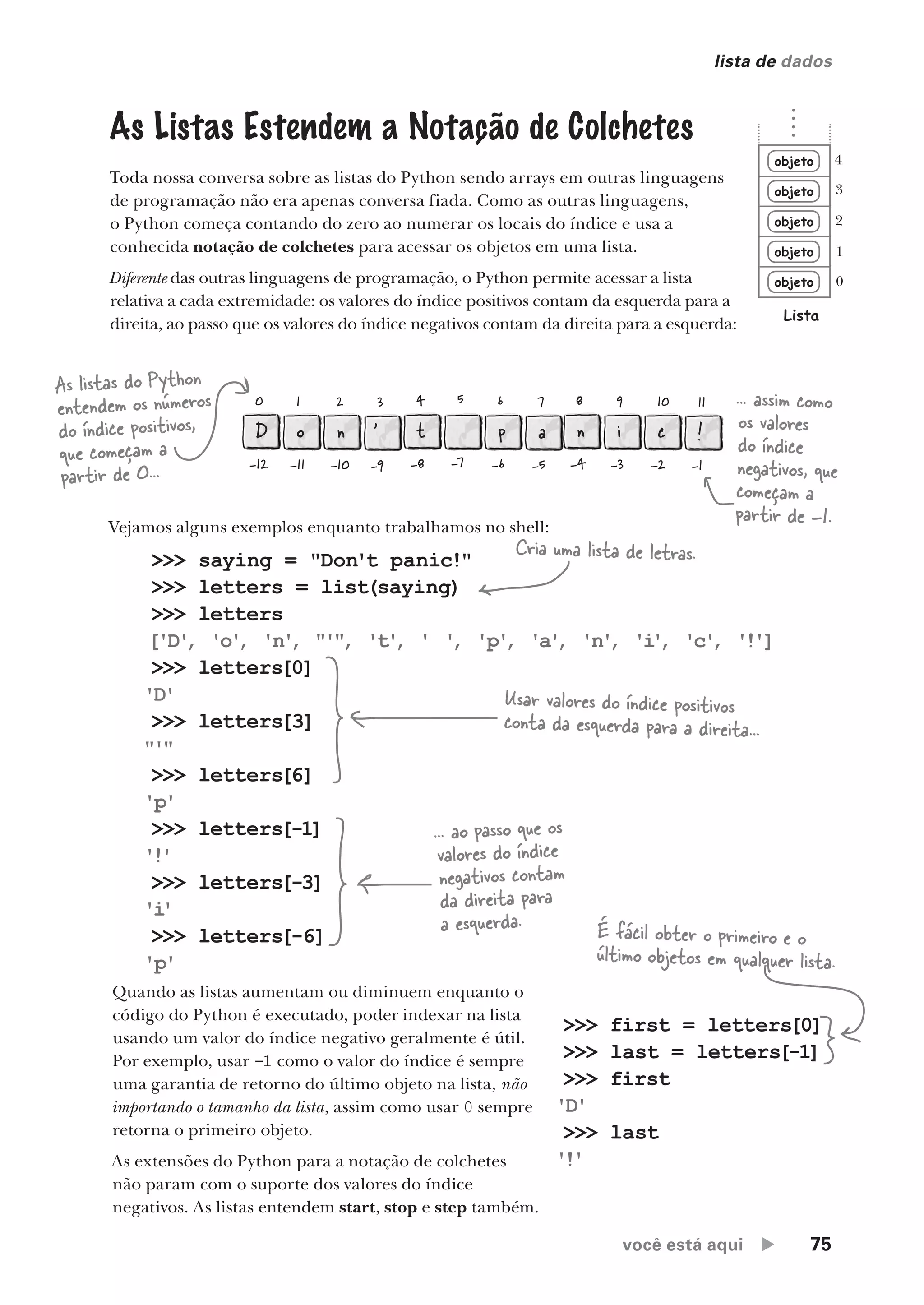 você está aqui  75
lista de dados
As Listas Estendem a Notação de Colchetes
Toda nossa conversa sobre as listas do Python sendo arrays em outras linguagens
de programação não era apenas conversa fiada. Como as outras linguagens,
o Python começa contando do zero ao numerar os locais do índice e usa a
conhecida notação de colchetes para acessar os objetos em uma lista.
Diferente das outras linguagens de programação, o Python permite acessar a lista
relativa a cada extremidade: os valores do índice positivos contam da esquerda para a
direita, ao passo que os valores do índice negativos contam da direita para a esquerda:
objeto
objeto
objeto
objeto
objeto
Lista
0
1
2
3
4
Vejamos alguns exemplos enquanto trabalhamos no shell:
0
D
-12
1
o
-11
2
n
-10
3
'
-9
4
t
-8
5
-7
6
p
-6
7
a
-5
8
n
-4
9
i
-3
10
c
-2
11
!
-1
As listas do Python
entendem os números
do índice positivos,
que começam a
partir de 0...
... assim como
os valores
do índice
negativos, que
começam a
partir de -1.
>>> saying = "Don't panic!"
>>> letters = list(saying)
>>> letters
['D'
, 'o'
, 'n'
, "'"
, 't'
, ' '
, 'p'
, 'a'
, 'n'
, 'i
'
, 'c'
, '!']
>>> letters[0]
'D'
>>> letters[3]
"'"
>>> letters[6]
'p'
>>> letters[-1]
'!'
>>> letters[-3]
'i
'
>>> letters[-6]
'p'
Cria uma lista de letras.
Usar valores do índice positivos
conta da esquerda para a direita...
... ao passo que os
valores do índice
negativos contam
da direita para
a esquerda.
Quando as listas aumentam ou diminuem enquanto o
código do Python é executado, poder indexar na lista
usando um valor do índice negativo geralmente é útil.
Por exemplo, usar -1 como o valor do índice é sempre
uma garantia de retorno do último objeto na lista, não
importando o tamanho da lista, assim como usar 0 sempre
retorna o primeiro objeto.
As extensões do Python para a notação de colchetes
não param com o suporte dos valores do índice
negativos. As listas entendem start, stop e step também.
>>> first = letters[0]
>>> last = letters[-1]
>>> first
'D'
>>> last
'!'
É fácil obter o primeiro e o
último objetos em qualquer lista.
CG_HeadFirst_Python.indb 75 18/07/2018 13:18:14
 