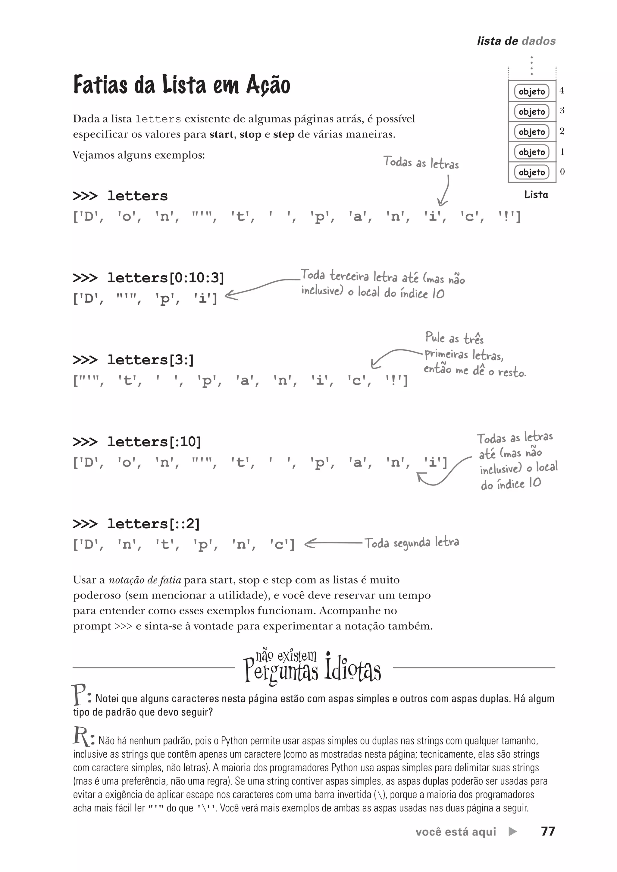 você está aqui  77
lista de dados
>>> letters
['D'
, 'o'
, 'n'
, "'"
, 't'
, ' '
, 'p'
, 'a'
, 'n'
, 'i
'
, 'c'
, '!']
>>> letters[0:10:3]
['D'
, "'"
, 'p'
, 'i
']
>>> letters[3:
]
["'"
, 't'
, ' '
, 'p'
, 'a'
, 'n'
, 'i
'
, 'c'
, '!']
>>> letters[
:10]
['D'
, 'o'
, 'n'
, "'"
, 't'
, ' '
, 'p'
, 'a'
, 'n'
, 'i
']
>>> letters[
:
:2]
['D'
, 'n'
, 't'
, 'p'
, 'n'
, 'c']
Todas as letras
Toda terceira letra até (mas não
inclusive) o local do índice 10
Todas as letras
até (mas não
inclusive) o local
do índice 10
Pule as três
primeiras letras,
então me dê o resto.
Toda segunda letra
objeto
objeto
objeto
objeto
objeto
Lista
0
1
2
3
4
Fatias da Lista em Ação
Dada a lista letters existente de algumas páginas atrás, é possível
especificar os valores para start, stop e step de várias maneiras.
Vejamos alguns exemplos:
Usar a notação de fatia para start, stop e step com as listas é muito
poderoso (sem mencionar a utilidade), e você deve reservar um tempo
para entender como esses exemplos funcionam. Acompanhe no
prompt >>> e sinta-se à vontade para experimentar a notação também.
P:Notei que alguns caracteres nesta página estão com aspas simples e outros com aspas duplas. Há algum
tipo de padrão que devo seguir?
R:Não há nenhum padrão, pois o Python permite usar aspas simples ou duplas nas strings com qualquer tamanho,
inclusive as strings que contêm apenas um caractere (como as mostradas nesta página; tecnicamente, elas são strings
com caractere simples, não letras). A maioria dos programadores Python usa aspas simples para delimitar suas strings
(mas é uma preferência, não uma regra). Se uma string contiver aspas simples, as aspas duplas poderão ser usadas para
evitar a exigência de aplicar escape nos caracteres com uma barra invertida (), porque a maioria dos programadores
acha mais fácil ler "'" do que '
''. Você verá mais exemplos de ambas as aspas usadas nas duas página a seguir.
CG_HeadFirst_Python.indb 77 18/07/2018 13:18:15
 