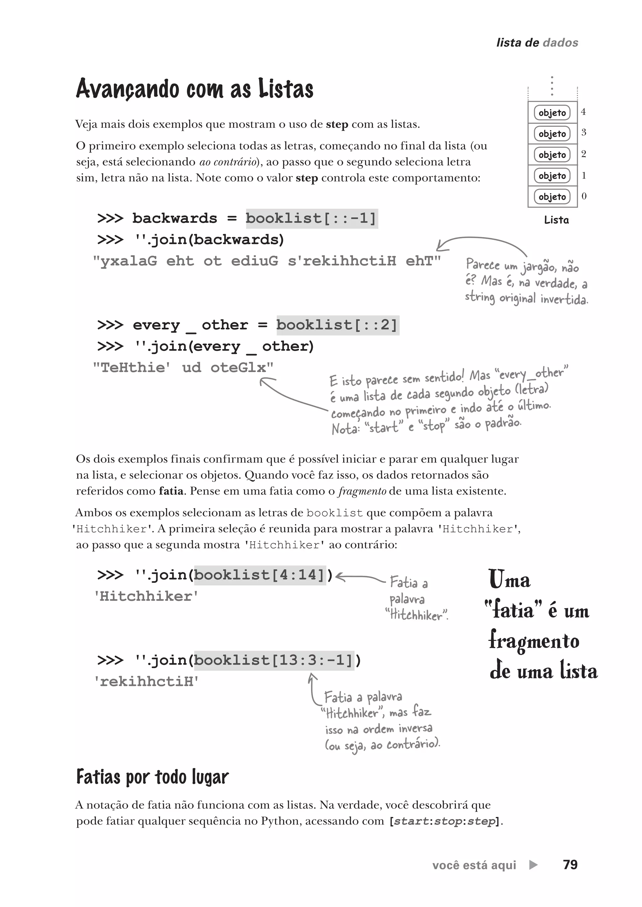 você está aqui  79
lista de dados
>>> '
'
.
join(booklist[4:14])
'Hitchhiker'
>>> '
'
.
join(booklist[13:3:-1])
'rekihhctiH'
>>> backwards = booklist[::-1]
>>> '
'
.
join(backwards)
"yxalaG eht ot ediuG s'rekihhctiH ehT"
>>> every _ other = booklist[::2]
>>> '
'
.
join(every _ other)
"TeHthie' ud oteGlx"
Parece um jargão, não
é? Mas é, na verdade, a
string original invertida.
E isto parece sem sentido! Mas “every_other”
é uma lista de cada segundo objeto (letra)
começando no primeiro e indo até o último.
Nota: “start” e “stop” são o padrão.
Os dois exemplos finais confirmam que é possível iniciar e parar em qualquer lugar
na lista, e selecionar os objetos. Quando você faz isso, os dados retornados são
referidos como fatia. Pense em uma fatia como o fragmento de uma lista existente.
Ambos os exemplos selecionam as letras de booklist que compõem a palavra
'Hitchhiker'. A primeira seleção é reunida para mostrar a palavra 'Hitchhiker',
ao passo que a segunda mostra 'Hitchhiker' ao contrário:
Fatia a
palavra
“Hitchhiker”.
Fatia a palavra
“Hitchhiker”, mas faz
isso na ordem inversa
(ou seja, ao contrário).
Uma
“fatia” é um
fragmento
de uma lista
objeto
objeto
objeto
objeto
objeto
Lista
0
1
2
3
4
Avançando com as Listas
Veja mais dois exemplos que mostram o uso de step com as listas.
O primeiro exemplo seleciona todas as letras, começando no final da lista (ou
seja, está selecionando ao contrário), ao passo que o segundo seleciona letra
sim, letra não na lista. Note como o valor step controla este comportamento:
Fatias por todo lugar
A notação de fatia não funciona com as listas. Na verdade, você descobrirá que
pode fatiar qualquer sequência no Python, acessando com [start:stop:step].
CG_HeadFirst_Python.indb 79 18/07/2018 13:18:15
 