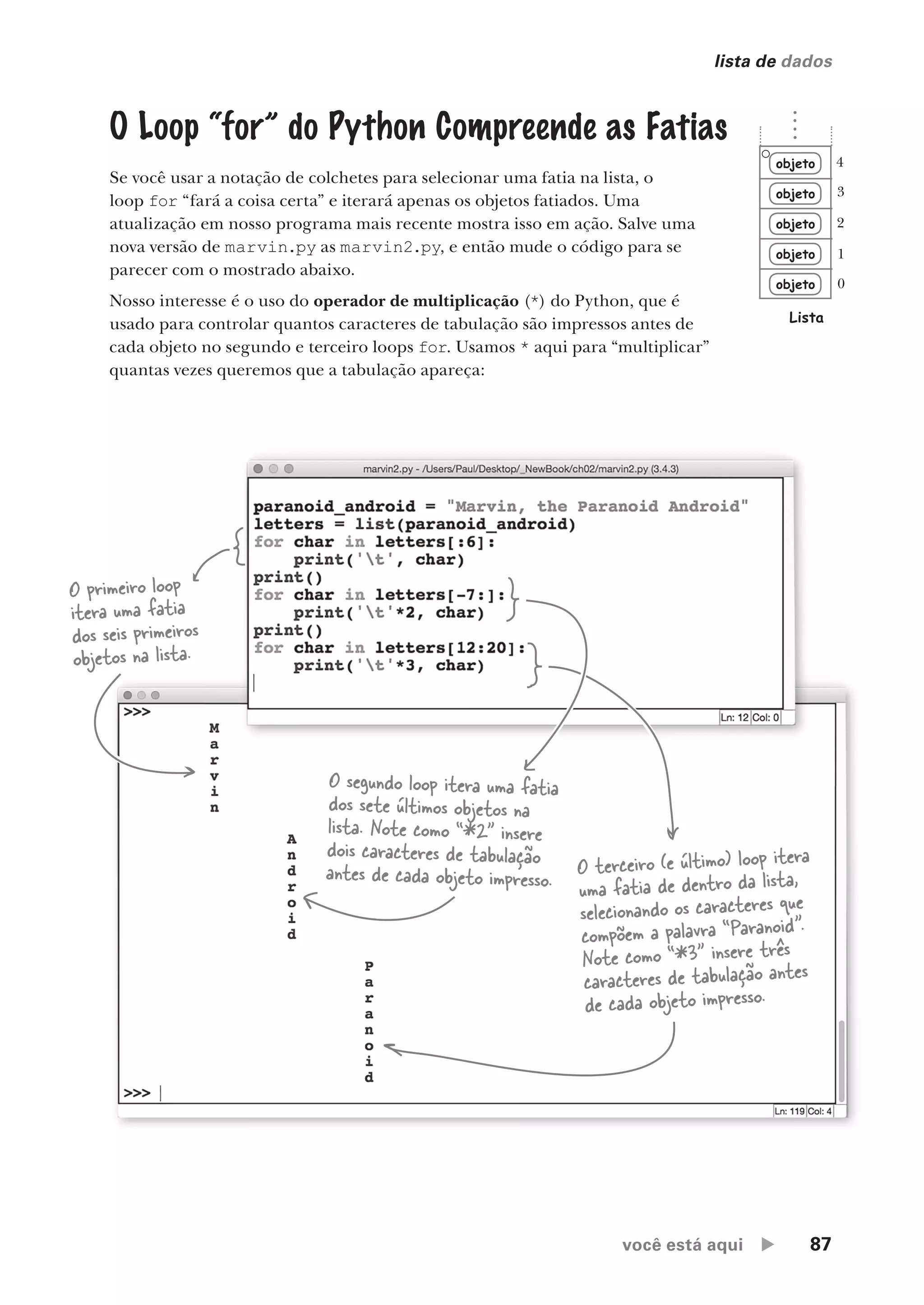 você está aqui  87
lista de dados
O Loop “for” do Python Compreende as Fatias
Se você usar a notação de colchetes para selecionar uma fatia na lista, o
loop for “fará a coisa certa” e iterará apenas os objetos fatiados. Uma
atualização em nosso programa mais recente mostra isso em ação. Salve uma
nova versão de marvin.py as marvin2.py, e então mude o código para se
parecer com o mostrado abaixo.
Nosso interesse é o uso do operador de multiplicação (*) do Python, que é
usado para controlar quantos caracteres de tabulação são impressos antes de
cada objeto no segundo e terceiro loops for. Usamos * aqui para “multiplicar”
quantas vezes queremos que a tabulação apareça:
objeto
objeto
objeto
objeto
objeto
o
Lista
0
1
2
3
4
O primeiro loop
itera uma fatia
dos seis primeiros
objetos na lista.
O segundo loop itera uma fatia
dos sete últimos objetos na
lista. Note como “*2” insere
dois caracteres de tabulação
antes de cada objeto impresso.
O terceiro (e último) loop itera
uma fatia de dentro da lista,
selecionando os caracteres que
compõem a palavra “Paranoid”.
Note como “*3” insere três
caracteres de tabulação antes
de cada objeto impresso.
CG_HeadFirst_Python.indb 87 18/07/2018 13:18:24
 