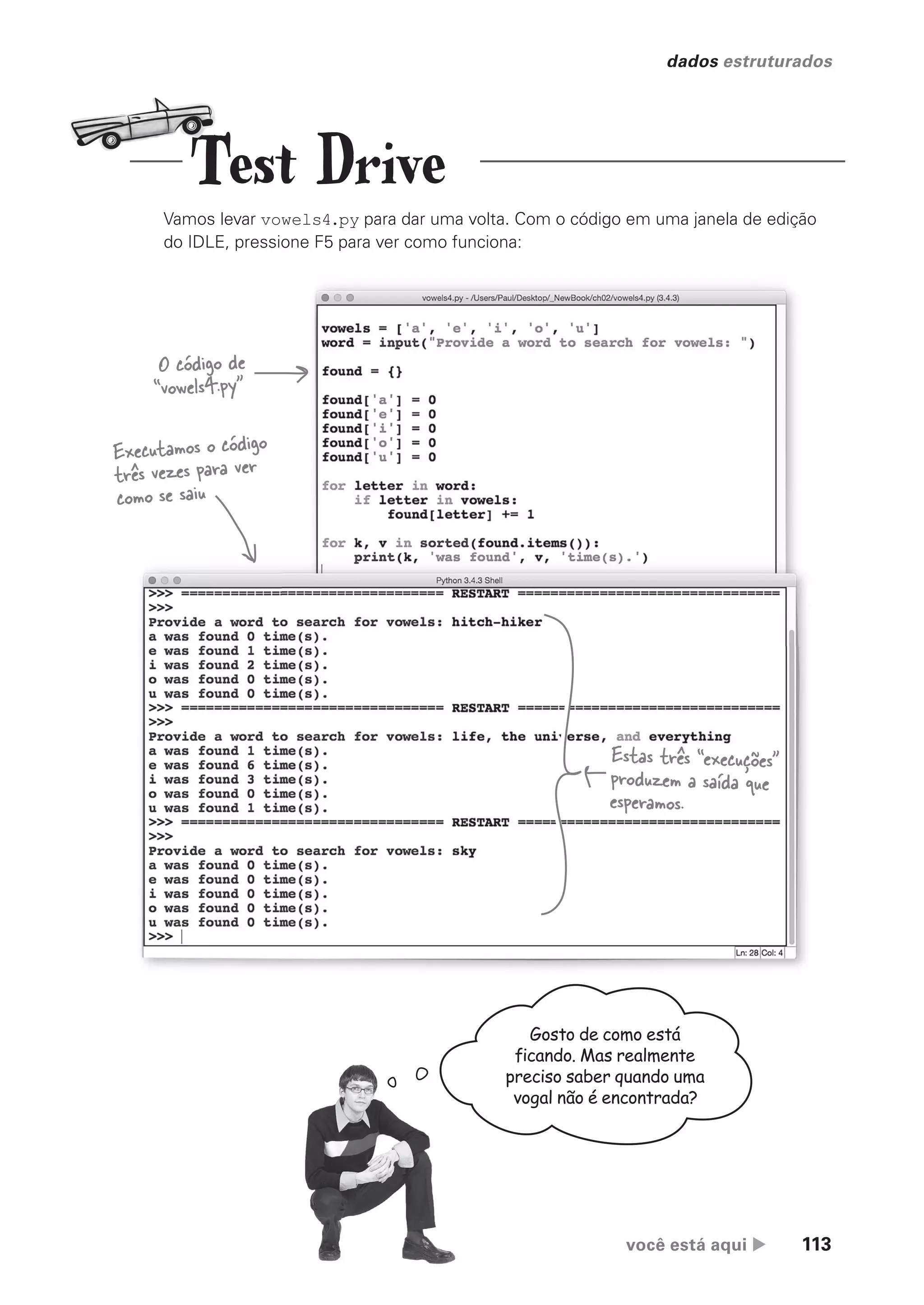 você está aqui  113
dados estruturados
Vamos levar vowels4.py para dar uma volta. Com o código em uma janela de edição
do IDLE, pressione F5 para ver como funciona:
O código de
“vowels4.py”
Executamos o código
três vezes para ver
como se saiu
Estas três “execuções”
produzem a saída que
esperamos.
Gosto de como está
ficando. Mas realmente
preciso saber quando uma
vogal não é encontrada?
Test Drive
CG_HeadFirst_Python.indb 113 18/07/2018 13:18:42
 