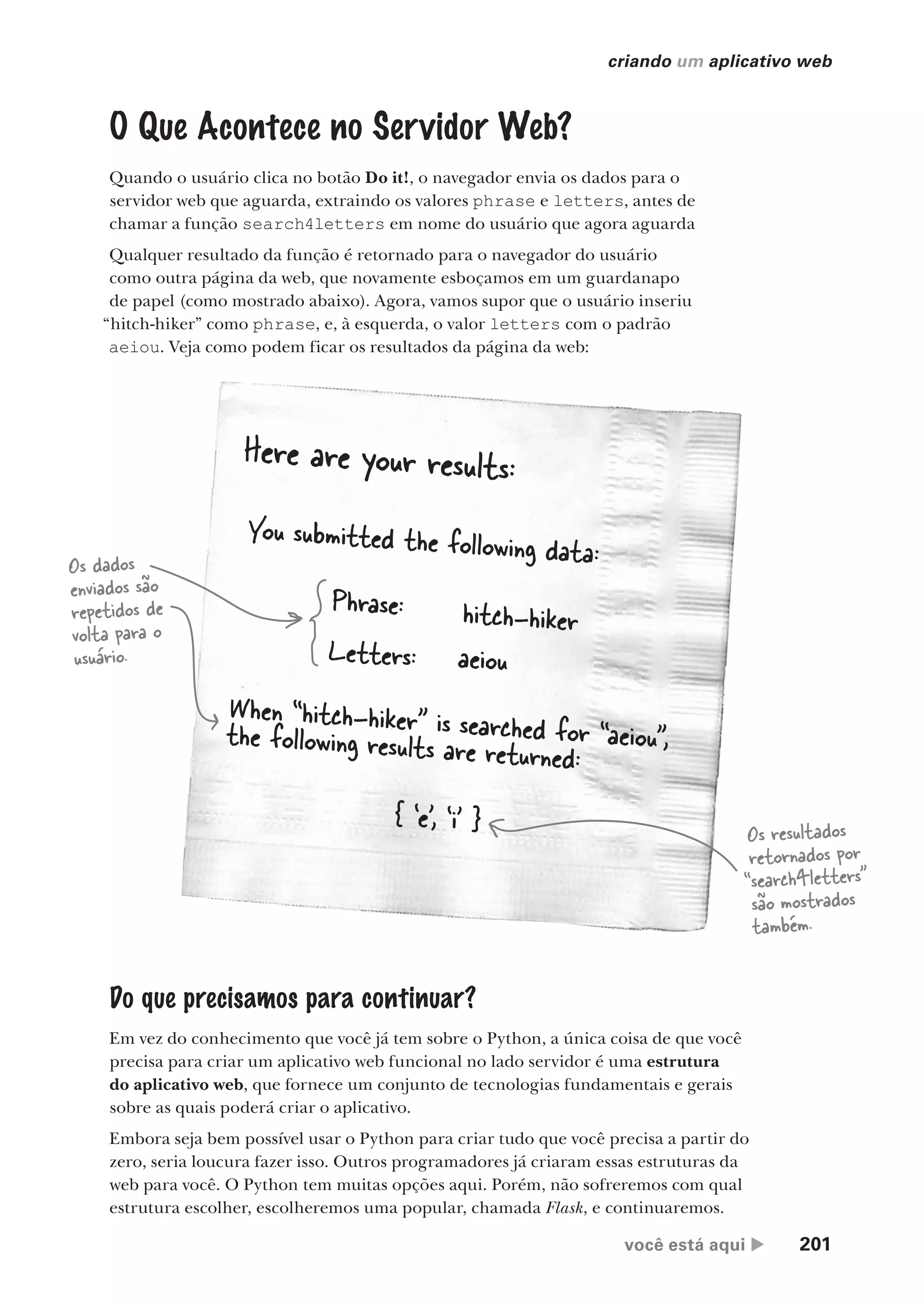 você está aqui  201
criando um aplicativo web
O Que Acontece no Servidor Web?
Quando o usuário clica no botão Do it!, o navegador envia os dados para o
servidor web que aguarda, extraindo os valores phrase e letters, antes de
chamar a função search4letters em nome do usuário que agora aguarda
Qualquer resultado da função é retornado para o navegador do usuário
como outra página da web, que novamente esboçamos em um guardanapo
de papel (como mostrado abaixo). Agora, vamos supor que o usuário inseriu
“hitch-hiker” como phrase, e, à esquerda, o valor letters com o padrão
aeiou. Veja como podem ficar os resultados da página da web:
Here are your results:
You submitted the following data:
Phrase:
Letters:
When “hitch-hiker” is searched for “aeiou”,
the following results are returned:
aeiou
hitch-hiker
{ ‘e’, ‘i’ }
Os dados
enviados são
repetidos de
volta para o
usuário.
Os resultados
retornados por
“search4letters”
são mostrados
também.
Do que precisamos para continuar?
Em vez do conhecimento que você já tem sobre o Python, a única coisa de que você
precisa para criar um aplicativo web funcional no lado servidor é uma estrutura
do aplicativo web, que fornece um conjunto de tecnologias fundamentais e gerais
sobre as quais poderá criar o aplicativo.
Embora seja bem possível usar o Python para criar tudo que você precisa a partir do
zero, seria loucura fazer isso. Outros programadores já criaram essas estruturas da
web para você. O Python tem muitas opções aqui. Porém, não sofreremos com qual
estrutura escolher, escolheremos uma popular, chamada Flask, e continuaremos.
CG_HeadFirst_Python.indb 201 18/07/2018 13:19:29
 
