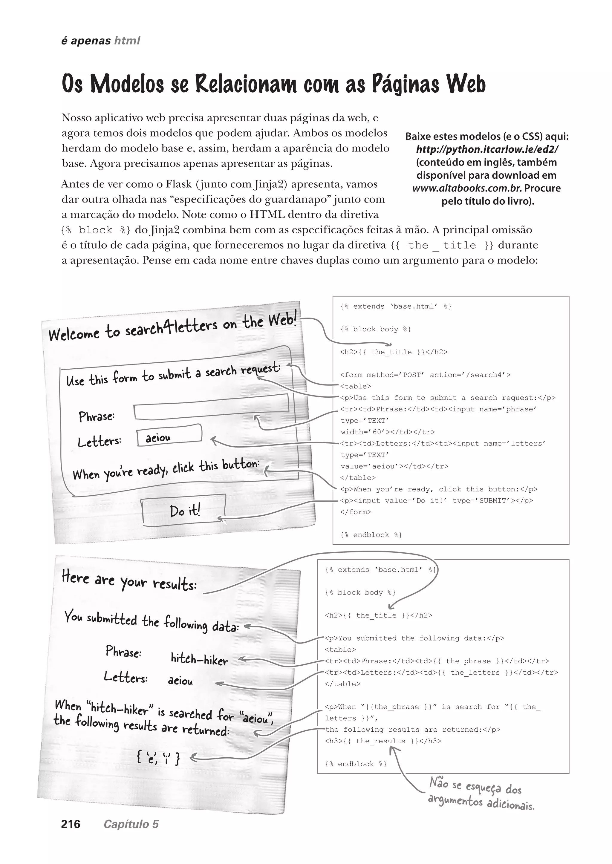 216 Capítulo 5
é apenas html
Os Modelos se Relacionam com as Páginas Web
Nosso aplicativo web precisa apresentar duas páginas da web, e
agora temos dois modelos que podem ajudar. Ambos os modelos
herdam do modelo base e, assim, herdam a aparência do modelo
base. Agora precisamos apenas apresentar as páginas.
Antes de ver como o Flask (junto com Jinja2) apresenta, vamos
dar outra olhada nas “especificações do guardanapo” junto com
a marcação do modelo. Note como o HTML dentro da diretiva
{% block %} do Jinja2 combina bem com as especificações feitas à mão. A principal omissão
é o título de cada página, que forneceremos no lugar da diretiva {{ the _ title }} durante
a apresentação. Pense em cada nome entre chaves duplas como um argumento para o modelo:
Welcome to search4letters on the Web!
Use this form to submit a search request:
Phrase:
Letters:
When you’re ready, click this button:
aeiou
Do it!
Here are your results:
You submitted the following data:
Phrase:
Letters:
When “hitch-hiker” is searched for “aeiou”,
the following results are returned:
aeiou
hitch-hiker
{ ‘e’, ‘i’ }
{% extends ‘base.html’ %}
{% block body %}
<h2>{{ the_title }}</h2>
<form method=’POST’ action=’/search4’>
<table>
<p>Use this form to submit a search request:</p>
<tr><td>Phrase:</td><td><input name=’phrase’
type=’TEXT’
width=’60’></td></tr>
<tr><td>Letters:</td><td><input name=’letters’
type=’TEXT’
value=’aeiou’></td></tr>
</table>
<p>When you’re ready, click this button:</p>
<p><input value=’Do it!’ type=’SUBMIT’></p>
</form>
{% endblock %}
{% extends ‘base.html’ %}
{% block body %}
<h2>{{ the_title }}</h2>
<p>You submitted the following data:</p>
<table>
<tr><td>Phrase:</td><td>{{ the_phrase }}</td></tr>
<tr><td>Letters:</td><td>{{ the_letters }}</td></tr>
</table>
<p>When “{{the_phrase }}” is search for “{{ the_
letters }}”,
the following results are returned:</p>
<h3>{{ the_results }}</h3>
{% endblock %}
Não se esqueça dos
argumentos adicionais.
Baixe estes modelos (e o CSS) aqui:
http://python.itcarlow.ie/ed2/
(conteúdo em inglês, também
disponível para download em
www.altabooks.com.br. Procure
pelo título do livro).
CG_HeadFirst_Python.indb 216 18/07/2018 13:19:31
 