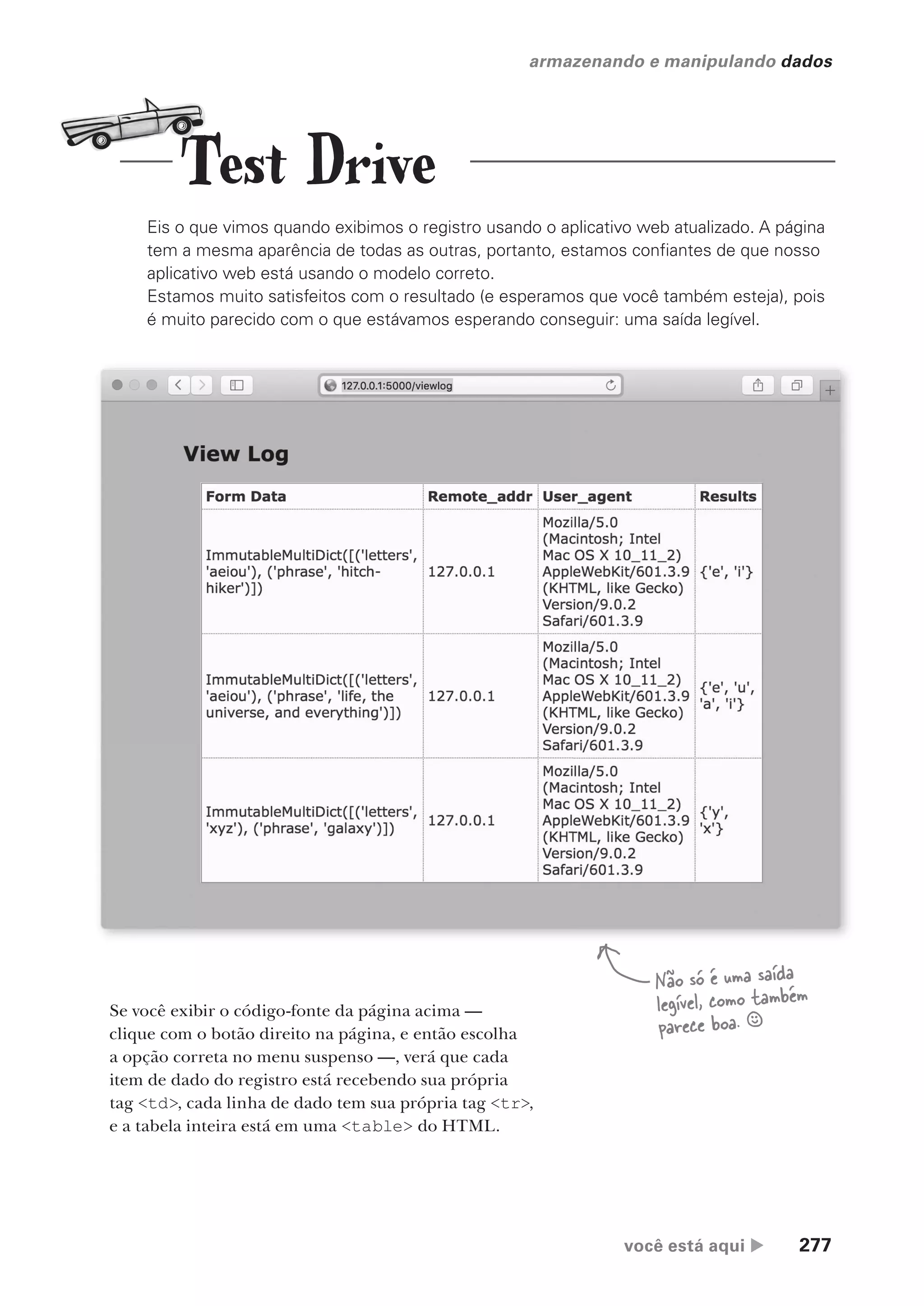 você está aqui  277
armazenando e manipulando dados
Eis o que vimos quando exibimos o registro usando o aplicativo web atualizado. A página
tem a mesma aparência de todas as outras, portanto, estamos confiantes de que nosso
aplicativo web está usando o modelo correto.
Estamos muito satisfeitos com o resultado (e esperamos que você também esteja), pois
é muito parecido com o que estávamos esperando conseguir: uma saída legível.
Se você exibir o código-fonte da página acima —
clique com o botão direito na página, e então escolha
a opção correta no menu suspenso —, verá que cada
item de dado do registro está recebendo sua própria
tag <td>, cada linha de dado tem sua própria tag <tr>,
e a tabela inteira está em uma <table> do HTML.
Não só é uma saída
legível, como também
parece boa. §
Test Drive
CG_HeadFirst_Python.indb 277 18/07/2018 13:19:45
 