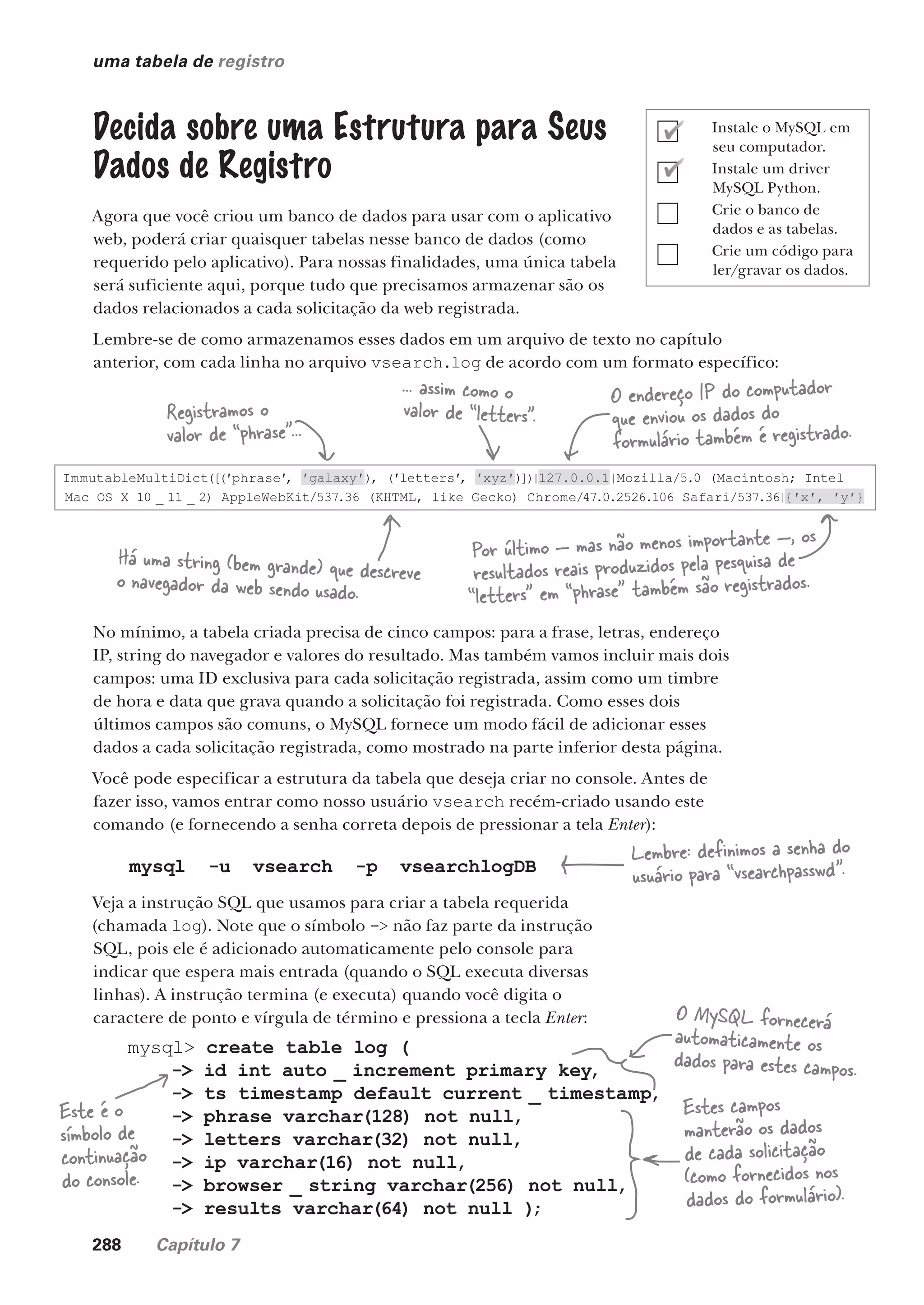 288 Capítulo 7
uma tabela de registro
Decida sobre uma Estrutura para Seus
Dados de Registro
Agora que você criou um banco de dados para usar com o aplicativo
web, poderá criar quaisquer tabelas nesse banco de dados (como
requerido pelo aplicativo). Para nossas finalidades, uma única tabela
será suficiente aqui, porque tudo que precisamos armazenar são os
dados relacionados a cada solicitação da web registrada.
Lembre-se de como armazenamos esses dados em um arquivo de texto no capítulo
anterior, com cada linha no arquivo vsearch.log de acordo com um formato específico:
... assim como o
valor de “letters”.
ImmutableMultiDict([(′phrase′, ′galaxy′), (′letters′, ′xyz′)])|127.0.0.1|Mozilla/5.0 (Macintosh; Intel
Mac OS X 10 _ 11 _ 2) AppleWebKit/537.36 (KHTML, like Gecko) Chrome/47.0.2526.106 Safari/537.36|{′x′, ′y′}
Registramos o
valor de “phrase”...
O endereço IP do computador
que enviou os dados do
formulário também é registrado.
Há uma string (bem grande) que descreve
o navegador da web sendo usado.
Por último — mas não menos importante —, os
resultados reais produzidos pela pesquisa de
“letters” em “phrase” também são registrados.
No mínimo, a tabela criada precisa de cinco campos: para a frase, letras, endereço
IP, string do navegador e valores do resultado. Mas também vamos incluir mais dois
campos: uma ID exclusiva para cada solicitação registrada, assim como um timbre
de hora e data que grava quando a solicitação foi registrada. Como esses dois
últimos campos são comuns, o MySQL fornece um modo fácil de adicionar esses
dados a cada solicitação registrada, como mostrado na parte inferior desta página.
Você pode especificar a estrutura da tabela que deseja criar no console. Antes de
fazer isso, vamos entrar como nosso usuário vsearch recém-criado usando este
comando (e fornecendo a senha correta depois de pressionar a tela Enter):
Veja a instrução SQL que usamos para criar a tabela requerida
(chamada log). Note que o símbolo -> não faz parte da instrução
SQL, pois ele é adicionado automaticamente pelo console para
indicar que espera mais entrada (quando o SQL executa diversas
linhas). A instrução termina (e executa) quando você digita o
caractere de ponto e vírgula de término e pressiona a tecla Enter:
mysql -u vsearch -p vsearchlogDB
mysql> create table log (
-> id int auto _ increment primary key,
-> ts timestamp default current _ timestamp,
-> phrase varchar(128) not null,
-> letters varchar(32) not null,
-> ip varchar(16) not null,
-> browser _ string varchar(256) not null,
-> results varchar(64) not null )
;
Este é o
símbolo de
continuação
do console.
O MySQL fornecerá
automaticamente os
dados para estes campos.
Estes campos
manterão os dados
de cada solicitação
(como fornecidos nos
dados do formulário).
Lembre: definimos a senha do
usuário para “vsearchpasswd”.
Instale o MySQL em
seu computador.
Instale um driver
MySQL Python.
Crie o banco de
dados e as tabelas.
Crie um código para
ler/gravar os dados.
CG_HeadFirst_Python.indb 288 18/07/2018 13:19:47
 