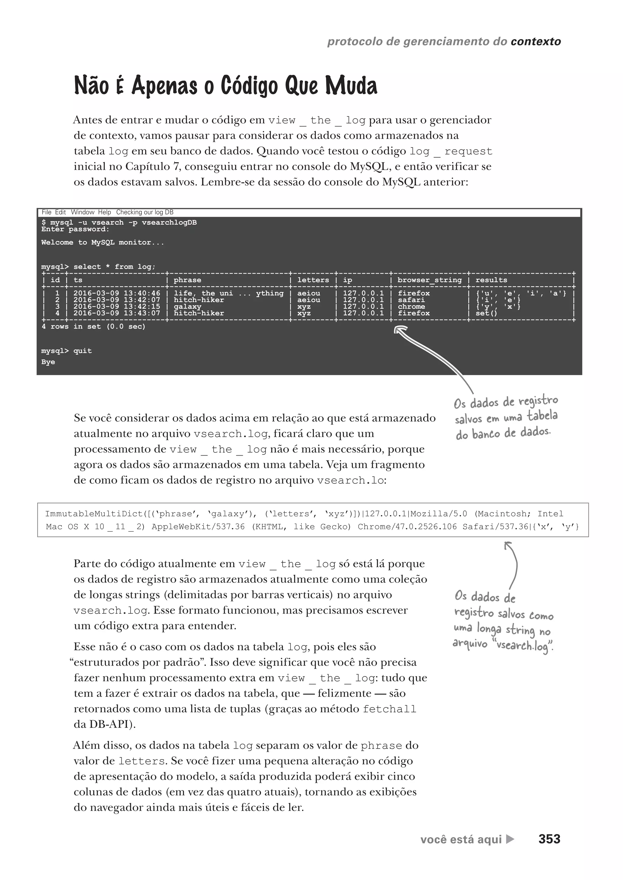 você está aqui  353
protocolo de gerenciamento do contexto
§
$ mysql -u vsearch -p vsearchlogDB
Enter password:
Welcome to MySQL monitor...
mysql> select * from log;
+----+---------------------+--------------------------+---------+-----------+----------------+----------------------+
| id | ts | phrase | letters | ip | browser_string | results |
+----+---------------------+--------------------------+---------+-----------+----------------+----------------------+
| 1 | 2016-03-09 13:40:46 | life, the uni ... ything | aeiou | 127.0.0.1 | firefox | {'u', 'e', 'i', 'a'} |
| 2 | 2016-03-09 13:42:07 | hitch-hiker | aeiou | 127.0.0.1 | safari | {'i', 'e'} |
| 3 | 2016-03-09 13:42:15 | galaxy | xyz | 127.0.0.1 | chrome | {'y', 'x'} |
| 4 | 2016-03-09 13:43:07 | hitch-hiker | xyz | 127.0.0.1 | firefox | set() |
+----+---------------------+--------------------------+---------+-----------+----------------+----------------------+
4 rows in set (0.0 sec)
mysql> quit
Bye
File Edit Window Help Checking our log DB
Não É Apenas o Código Que Muda
Antes de entrar e mudar o código em view _ the _ log para usar o gerenciador
de contexto, vamos pausar para considerar os dados como armazenados na
tabela log em seu banco de dados. Quando você testou o código log _ request
inicial no Capítulo 7, conseguiu entrar no console do MySQL, e então verificar se
os dados estavam salvos. Lembre-se da sessão do console do MySQL anterior:
Se você considerar os dados acima em relação ao que está armazenado
atualmente no arquivo vsearch.log, ficará claro que um
processamento de view _ the _ log não é mais necessário, porque
agora os dados são armazenados em uma tabela. Veja um fragmento
de como ficam os dados de registro no arquivo vsearch.lo:
ImmutableMultiDict([(‘phrase’
, ‘galaxy’), (‘letters’
, ‘xyz’)])|127.0.0.1|Mozilla/5.0 (Macintosh; Intel
Mac OS X 10 _ 11 _ 2) AppleWebKit/537.36 (KHTML, like Gecko) Chrome/47.0.2526.106 Safari/537.36|{‘x’
, ‘y’}
Os dados de
registro salvos como
uma longa string no
arquivo “vsearch.log”.
Os dados de registro
salvos em uma tabela
do banco de dados.
Parte do código atualmente em view _ the _ log só está lá porque
os dados de registro são armazenados atualmente como uma coleção
de longas strings (delimitadas por barras verticais) no arquivo
vsearch.log. Esse formato funcionou, mas precisamos escrever
um código extra para entender.
Esse não é o caso com os dados na tabela log, pois eles são
“estruturados por padrão”. Isso deve significar que você não precisa
fazer nenhum processamento extra em view _ the _ log: tudo que
tem a fazer é extrair os dados na tabela, que — felizmente — são
retornados como uma lista de tuplas (graças ao método fetchall
da DB-API).
Além disso, os dados na tabela log separam os valor de phrase do
valor de letters. Se você fizer uma pequena alteração no código
de apresentação do modelo, a saída produzida poderá exibir cinco
colunas de dados (em vez das quatro atuais), tornando as exibições
do navegador ainda mais úteis e fáceis de ler.
CG_HeadFirst_Python.indb 353 18/07/2018 13:20:04
 