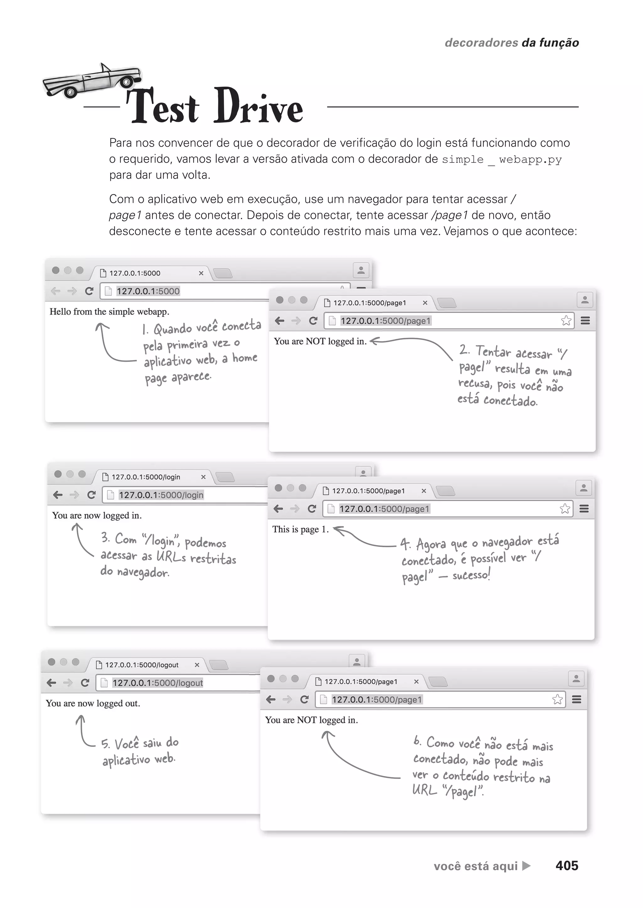 você está aqui  405
decoradores da função
Para nos convencer de que o decorador de verificação do login está funcionando como
o requerido, vamos levar a versão ativada com o decorador de simple _ webapp.py
para dar uma volta.
Com o aplicativo web em execução, use um navegador para tentar acessar /
page1 antes de conectar. Depois de conectar, tente acessar /page1 de novo, então
desconecte e tente acessar o conteúdo restrito mais uma vez. Vejamos o que acontece:
1. Quando você conecta
pela primeira vez o
aplicativo web, a home
page aparece.
2. Tentar acessar “/
page1” resulta em uma
recusa, pois você não
está conectado.
3. Com “/login”, podemos
acessar as URLs restritas
do navegador.
4. Agora que o navegador está
conectado, é possível ver “/
page1” — sucesso!
5. Você saiu do
aplicativo web.
6. Como você não está mais
conectado, não pode mais
ver o conteúdo restrito na
URL “/page1”.
Test Drive
CG_HeadFirst_Python.indb 405 18/07/2018 13:20:20
 