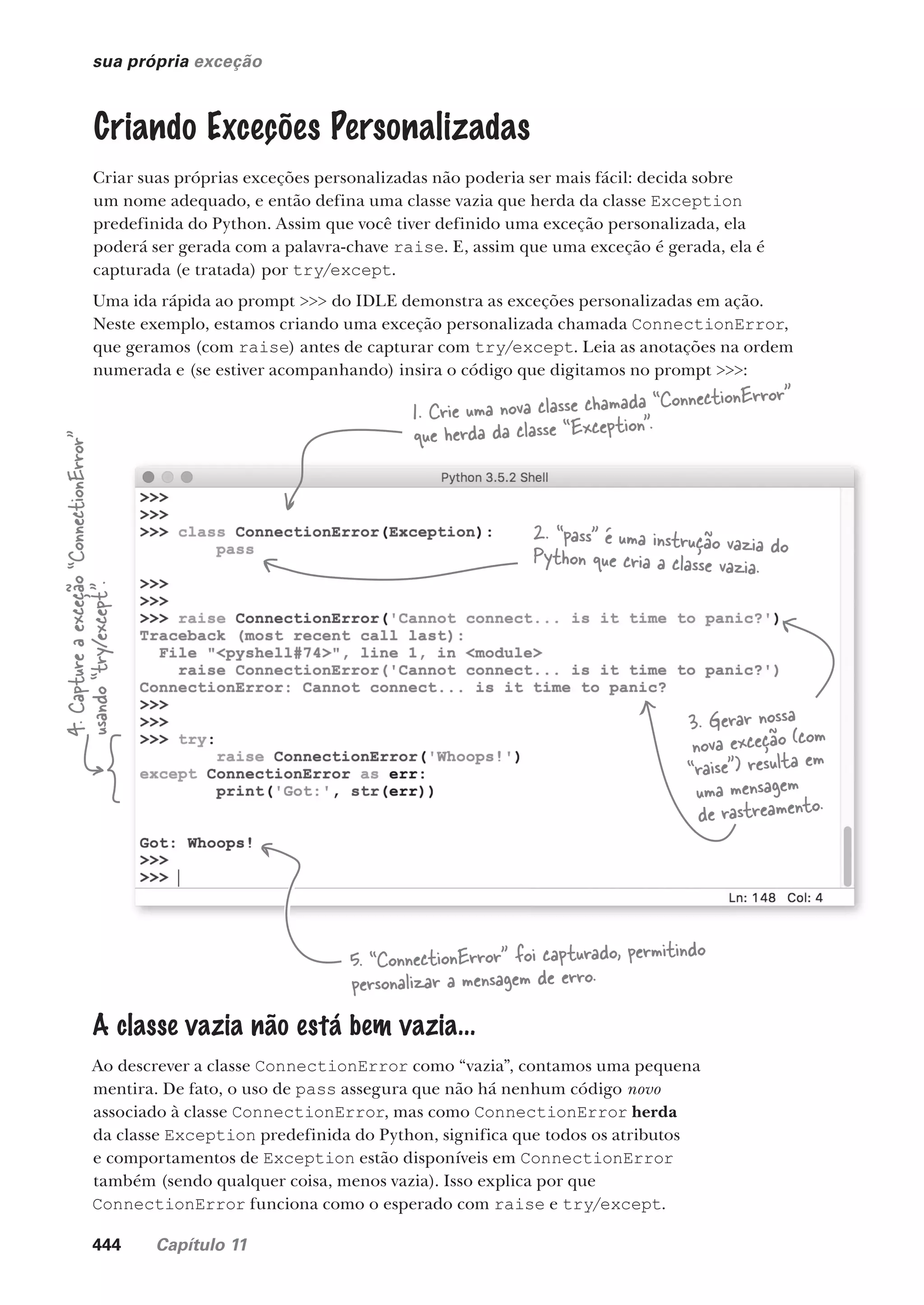 444 Capítulo 11
sua própria exceção
Criando Exceções Personalizadas
Criar suas próprias exceções personalizadas não poderia ser mais fácil: decida sobre
um nome adequado, e então defina uma classe vazia que herda da classe Exception
predefinida do Python. Assim que você tiver definido uma exceção personalizada, ela
poderá ser gerada com a palavra-chave raise. E, assim que uma exceção é gerada, ela é
capturada (e tratada) por try/except.
Uma ida rápida ao prompt >>> do IDLE demonstra as exceções personalizadas em ação.
Neste exemplo, estamos criando uma exceção personalizada chamada ConnectionError,
que geramos (com raise) antes de capturar com try/except. Leia as anotações na ordem
numerada e (se estiver acompanhando) insira o código que digitamos no prompt >>>:
2. “pass” é uma instrução vazia do
Python que cria a classe vazia.
1. Crie uma nova classe chamada “ConnectionError”
que herda da classe “Exception”.
3. Gerar nossa
nova exceção (com
“raise”) resulta em
uma mensagem
de rastreamento.
5. “ConnectionError” foi capturado, permitindo
personalizar a mensagem de erro.
4.
Capture
a
exceção
“ConnectionError”
usando
“try/except”.
A classe vazia não está bem vazia...
Ao descrever a classe ConnectionError como “vazia”, contamos uma pequena
mentira. De fato, o uso de pass assegura que não há nenhum código novo
associado à classe ConnectionError, mas como ConnectionError herda
da classe Exception predefinida do Python, significa que todos os atributos
e comportamentos de Exception estão disponíveis em ConnectionError
também (sendo qualquer coisa, menos vazia). Isso explica por que
ConnectionError funciona como o esperado com raise e try/except.
CG_HeadFirst_Python.indb 444 18/07/2018 13:20:34
 