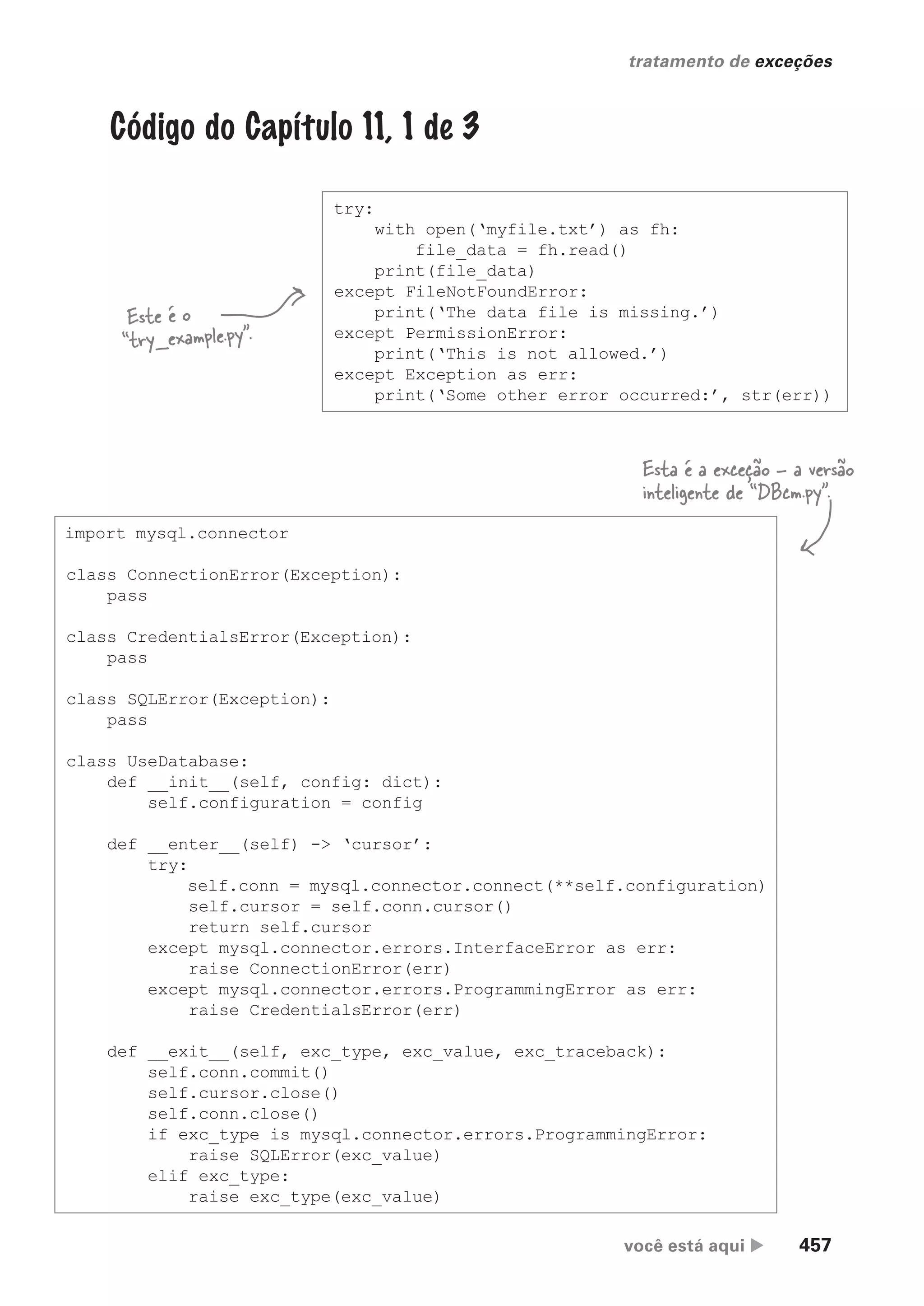 você está aqui  457
tratamento de exceções
Código do Capítulo 11, 1 de 3
try:
with open(‘myfile.txt’) as fh:
file_data = fh.read()
print(file_data)
except FileNotFoundError:
print(‘The data file is missing.’)
except PermissionError:
print(‘This is not allowed.’)
except Exception as err:
print(‘Some other error occurred:’, str(err))
Este é o
“try_example.py”.
import mysql.connector
class ConnectionError(Exception):
pass
class CredentialsError(Exception):
pass
class SQLError(Exception):
pass
class UseDatabase:
def __init__(self, config: dict):
self.configuration = config
def __enter__(self) -> ‘cursor’:
try:
self.conn = mysql.connector.connect(**self.configuration)
self.cursor = self.conn.cursor()
return self.cursor
except mysql.connector.errors.InterfaceError as err:
raise ConnectionError(err)
except mysql.connector.errors.ProgrammingError as err:
raise CredentialsError(err)
def __exit__(self, exc_type, exc_value, exc_traceback):
self.conn.commit()
self.cursor.close()
self.conn.close()
if exc_type is mysql.connector.errors.ProgrammingError:
raise SQLError(exc_value)
elif exc_type:
raise exc_type(exc_value)
Esta é a exceção - a versão
inteligente de “DBcm.py”.
CG_HeadFirst_Python.indb 457 18/07/2018 13:20:35
 