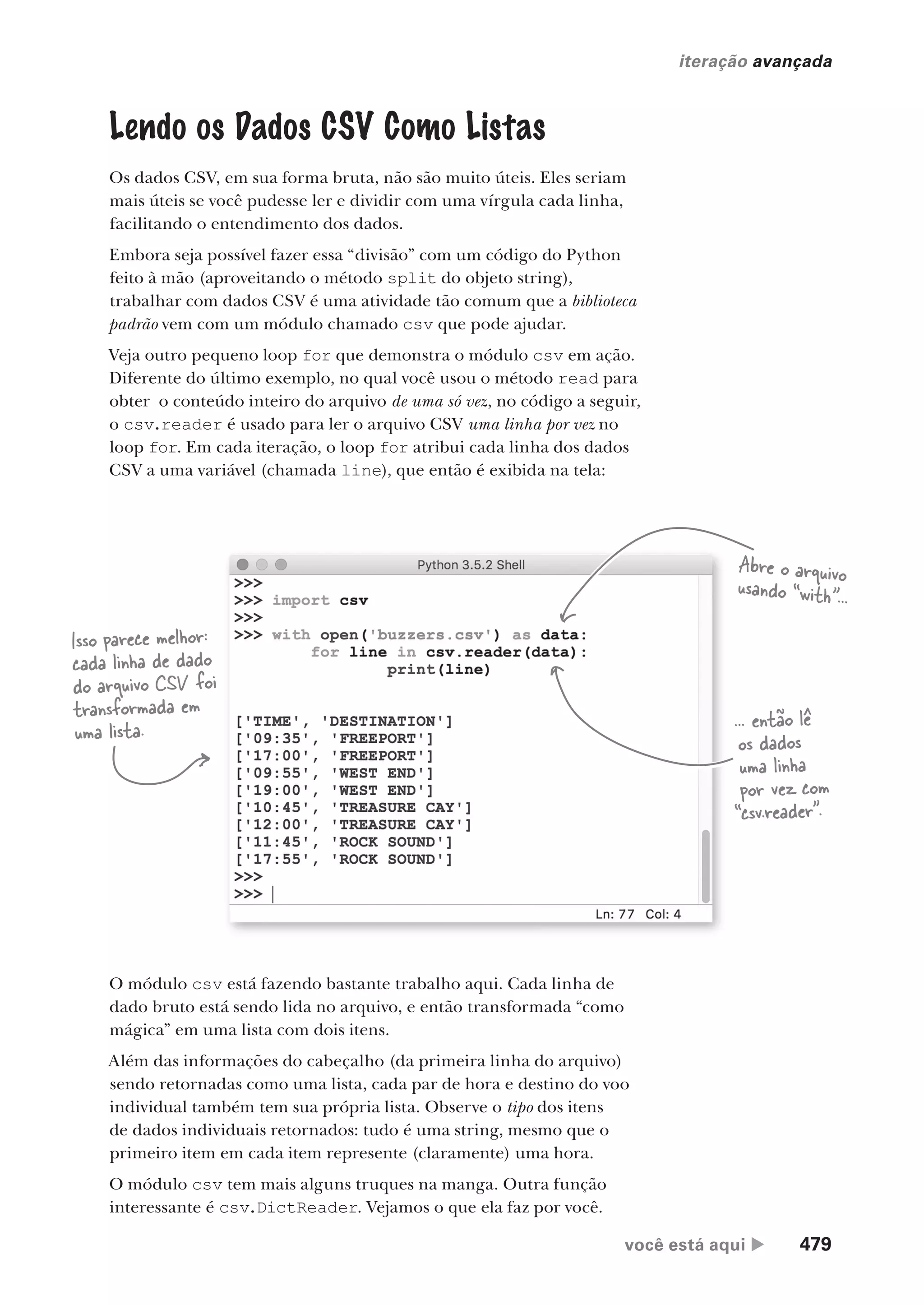 você está aqui  479
iteração avançada
Lendo os Dados CSV Como Listas
Os dados CSV, em sua forma bruta, não são muito úteis. Eles seriam
mais úteis se você pudesse ler e dividir com uma vírgula cada linha,
facilitando o entendimento dos dados.
Embora seja possível fazer essa “divisão” com um código do Python
feito à mão (aproveitando o método split do objeto string),
trabalhar com dados CSV é uma atividade tão comum que a biblioteca
padrão vem com um módulo chamado csv que pode ajudar.
Veja outro pequeno loop for que demonstra o módulo csv em ação.
Diferente do último exemplo, no qual você usou o método read para
obter o conteúdo inteiro do arquivo de uma só vez, no código a seguir,
o csv.reader é usado para ler o arquivo CSV uma linha por vez no
loop for. Em cada iteração, o loop for atribui cada linha dos dados
CSV a uma variável (chamada line), que então é exibida na tela:
Isso parece melhor:
cada linha de dado
do arquivo CSV foi
transformada em
uma lista.
Abre o arquivo
usando “with”...
... então lê
os dados
uma linha
por vez com
“csv.reader”.
O módulo csv está fazendo bastante trabalho aqui. Cada linha de
dado bruto está sendo lida no arquivo, e então transformada “como
mágica” em uma lista com dois itens.
Além das informações do cabeçalho (da primeira linha do arquivo)
sendo retornadas como uma lista, cada par de hora e destino do voo
individual também tem sua própria lista. Observe o tipo dos itens
de dados individuais retornados: tudo é uma string, mesmo que o
primeiro item em cada item represente (claramente) uma hora.
O módulo csv tem mais alguns truques na manga. Outra função
interessante é csv.DictReader. Vejamos o que ela faz por você.
CG_HeadFirst_Python.indb 479 18/07/2018 13:20:41
 
