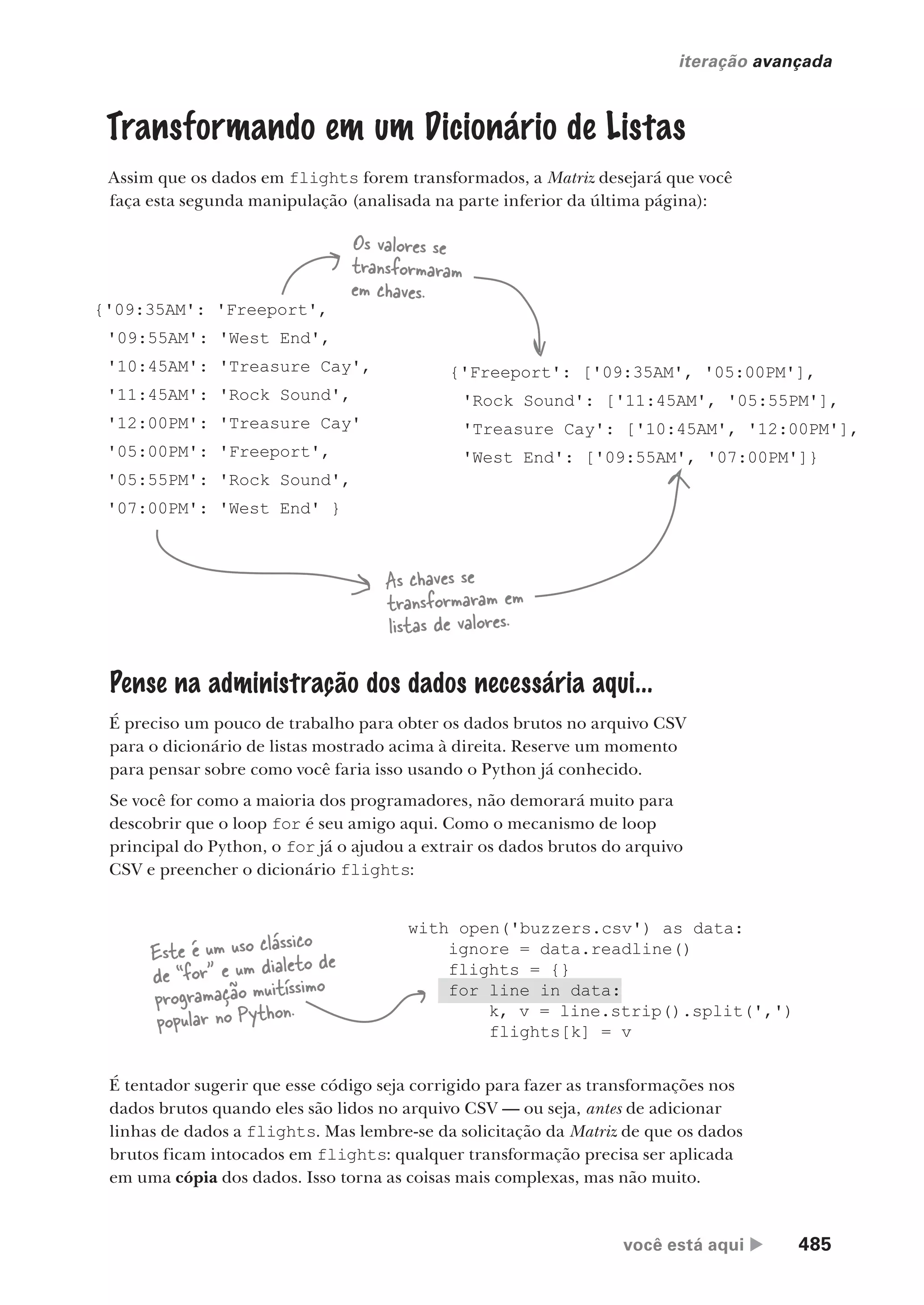 você está aqui  485
iteração avançada
with open('buzzers.csv') as data:
ignore = data.readline()
flights = {}
for line in data:
k, v = line.strip().split(',')
flights[k] = v
Transformando em um Dicionário de Listas
Assim que os dados em flights forem transformados, a Matriz desejará que você
faça esta segunda manipulação (analisada na parte inferior da última página):
{'09:35AM': 'Freeport',
'09:55AM': 'West End',
'10:45AM': 'Treasure Cay',
'11:45AM': 'Rock Sound',
'12:00PM': 'Treasure Cay'
'05:00PM': 'Freeport',
'05:55PM': 'Rock Sound',
'07:00PM': 'West End' }
{'Freeport': ['09:35AM', '05:00PM'],
'Rock Sound': ['11:45AM', '05:55PM'],
'Treasure Cay': ['10:45AM', '12:00PM'],
'West End': ['09:55AM', '07:00PM']}
As chaves se
transformaram em
listas de valores.
Os valores se
transformaram
em chaves.
Pense na administração dos dados necessária aqui...
É preciso um pouco de trabalho para obter os dados brutos no arquivo CSV
para o dicionário de listas mostrado acima à direita. Reserve um momento
para pensar sobre como você faria isso usando o Python já conhecido.
Se você for como a maioria dos programadores, não demorará muito para
descobrir que o loop for é seu amigo aqui. Como o mecanismo de loop
principal do Python, o for já o ajudou a extrair os dados brutos do arquivo
CSV e preencher o dicionário flights:
Este é um uso clássico
de “for” e um dialeto de
programação muitíssimo
popular no Python.
É tentador sugerir que esse código seja corrigido para fazer as transformações nos
dados brutos quando eles são lidos no arquivo CSV — ou seja, antes de adicionar
linhas de dados a flights. Mas lembre-se da solicitação da Matriz de que os dados
brutos ficam intocados em flights: qualquer transformação precisa ser aplicada
em uma cópia dos dados. Isso torna as coisas mais complexas, mas não muito.
CG_HeadFirst_Python.indb 485 18/07/2018 13:20:44
 