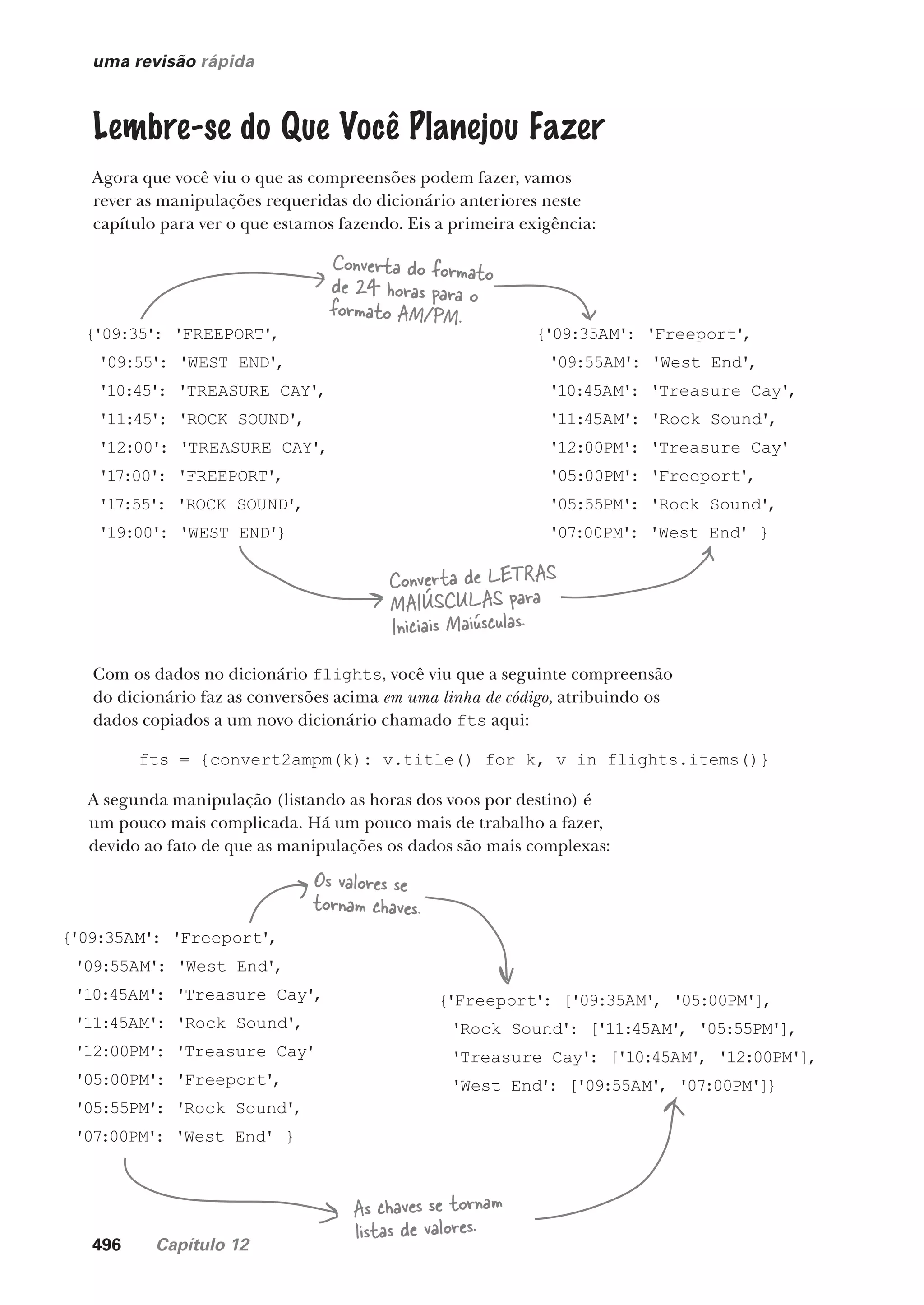 496 Capítulo 12
uma revisão rápida
Lembre-se do Que Você Planejou Fazer
Agora que você viu o que as compreensões podem fazer, vamos
rever as manipulações requeridas do dicionário anteriores neste
capítulo para ver o que estamos fazendo. Eis a primeira exigência:
{'09:35': 'FREEPORT',
'09:55': 'WEST END',
'10:45': 'TREASURE CAY',
'11:45': 'ROCK SOUND',
'12:00': 'TREASURE CAY',
'17:00': 'FREEPORT',
'17:55': 'ROCK SOUND',
'19:00': 'WEST END'}
{'09:35AM': 'Freeport',
'09:55AM': 'West End',
'10:45AM': 'Treasure Cay',
'11:45AM': 'Rock Sound',
'12:00PM': 'Treasure Cay'
'05:00PM': 'Freeport',
'05:55PM': 'Rock Sound',
'07:00PM': 'West End' }
Converta do formato
de 24 horas para o
formato AM/PM.
Converta de LETRAS
MAIÚSCULAS para
Iniciais Maiúsculas.
Com os dados no dicionário flights, você viu que a seguinte compreensão
do dicionário faz as conversões acima em uma linha de código, atribuindo os
dados copiados a um novo dicionário chamado fts aqui:
fts = {convert2ampm(k): v.title() for k, v in flights.items()}
A segunda manipulação (listando as horas dos voos por destino) é
um pouco mais complicada. Há um pouco mais de trabalho a fazer,
devido ao fato de que as manipulações os dados são mais complexas:
{'09:35AM': 'Freeport',
'09:55AM': 'West End',
'10:45AM': 'Treasure Cay',
'11:45AM': 'Rock Sound',
'12:00PM': 'Treasure Cay'
'05:00PM': 'Freeport',
'05:55PM': 'Rock Sound',
'07:00PM': 'West End' }
{'Freeport': ['09:35AM', '05:00PM'],
'Rock Sound': ['11:45AM', '05:55PM'],
'Treasure Cay': ['10:45AM', '12:00PM'],
'West End': ['09:55AM', '07:00PM']}
As chaves se tornam
listas de valores.
Os valores se
tornam chaves.
CG_HeadFirst_Python.indb 496 18/07/2018 13:20:46
 