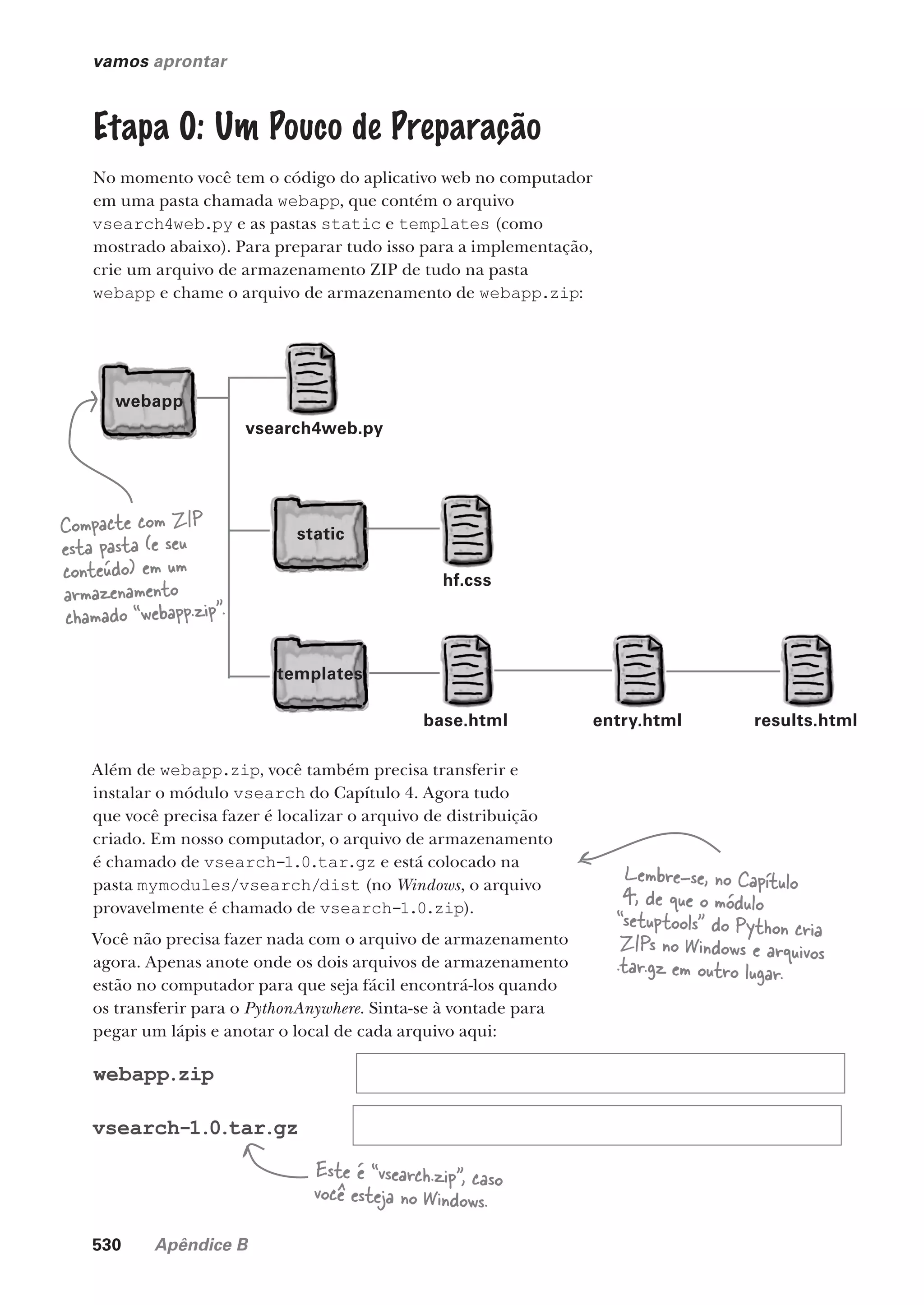 530 Apêndice B
vamos aprontar
Etapa 0: Um Pouco de Preparação
No momento você tem o código do aplicativo web no computador
em uma pasta chamada webapp, que contém o arquivo
vsearch4web.py e as pastas static e templates (como
mostrado abaixo). Para preparar tudo isso para a implementação,
crie um arquivo de armazenamento ZIP de tudo na pasta
webapp e chame o arquivo de armazenamento de webapp.zip:
base.html entry.html results.html
static
templates
webapp
vsearch4web.py
hf.css
Compacte com ZIP
esta pasta (e seu
conteúdo) em um
armazenamento
chamado “webapp.zip”.
Além de webapp.zip, você também precisa transferir e
instalar o módulo vsearch do Capítulo 4. Agora tudo
que você precisa fazer é localizar o arquivo de distribuição
criado. Em nosso computador, o arquivo de armazenamento
é chamado de vsearch-1.0.tar.gz e está colocado na
pasta mymodules/vsearch/dist (no Windows, o arquivo
provavelmente é chamado de vsearch-1.0.zip).
Você não precisa fazer nada com o arquivo de armazenamento
agora. Apenas anote onde os dois arquivos de armazenamento
estão no computador para que seja fácil encontrá-los quando
os transferir para o PythonAnywhere. Sinta-se à vontade para
pegar um lápis e anotar o local de cada arquivo aqui:
webapp.zip
vsearch-1.0.tar.gz
Este é “vsearch.zip”, caso
você esteja no Windows.
Lembre-se, no Capítulo
4, de que o módulo
“setuptools” do Python cria
ZIPs no Windows e arquivos
.tar.gz em outro lugar.
CG_HeadFirst_Python.indb 530 18/07/2018 13:20:55
 