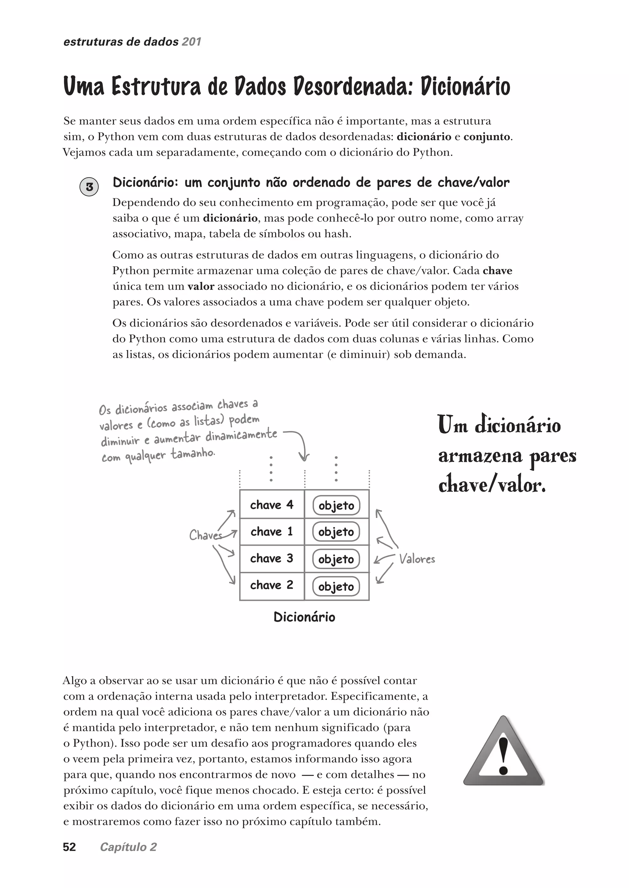 52 Capítulo 2
estruturas de dados 201
objeto
objeto
objeto
objeto
chave 1
chave 2
chave 3
chave 4
Dicionário
Os dicionários associam chaves a
valores e (como as listas) podem
diminuir e aumentar dinamicamente
com qualquer tamanho.
Chaves
Valores
Um dicionário
armazena pares
chave/valor.
Dicionário: um conjunto não ordenado de pares de chave/valor
Dependendo do seu conhecimento em programação, pode ser que você já
saiba o que é um dicionário, mas pode conhecê-lo por outro nome, como array
associativo, mapa, tabela de símbolos ou hash.
Como as outras estruturas de dados em outras linguagens, o dicionário do
Python permite armazenar uma coleção de pares de chave/valor. Cada chave
única tem um valor associado no dicionário, e os dicionários podem ter vários
pares. Os valores associados a uma chave podem ser qualquer objeto.
Os dicionários são desordenados e variáveis. Pode ser útil considerar o dicionário
do Python como uma estrutura de dados com duas colunas e várias linhas. Como
as listas, os dicionários podem aumentar (e diminuir) sob demanda.
3
Uma Estrutura de Dados Desordenada: Dicionário
Se manter seus dados em uma ordem específica não é importante, mas a estrutura
sim, o Python vem com duas estruturas de dados desordenadas: dicionário e conjunto.
Vejamos cada um separadamente, começando com o dicionário do Python.
Algo a observar ao se usar um dicionário é que não é possível contar
com a ordenação interna usada pelo interpretador. Especificamente, a
ordem na qual você adiciona os pares chave/valor a um dicionário não
é mantida pelo interpretador, e não tem nenhum significado (para
o Python). Isso pode ser um desafio aos programadores quando eles
o veem pela primeira vez, portanto, estamos informando isso agora
para que, quando nos encontrarmos de novo — e com detalhes — no
próximo capítulo, você fique menos chocado. E esteja certo: é possível
exibir os dados do dicionário em uma ordem específica, se necessário,
e mostraremos como fazer isso no próximo capítulo também.
CG_HeadFirst_Python.indb 52 18/07/2018 13:18:05
 