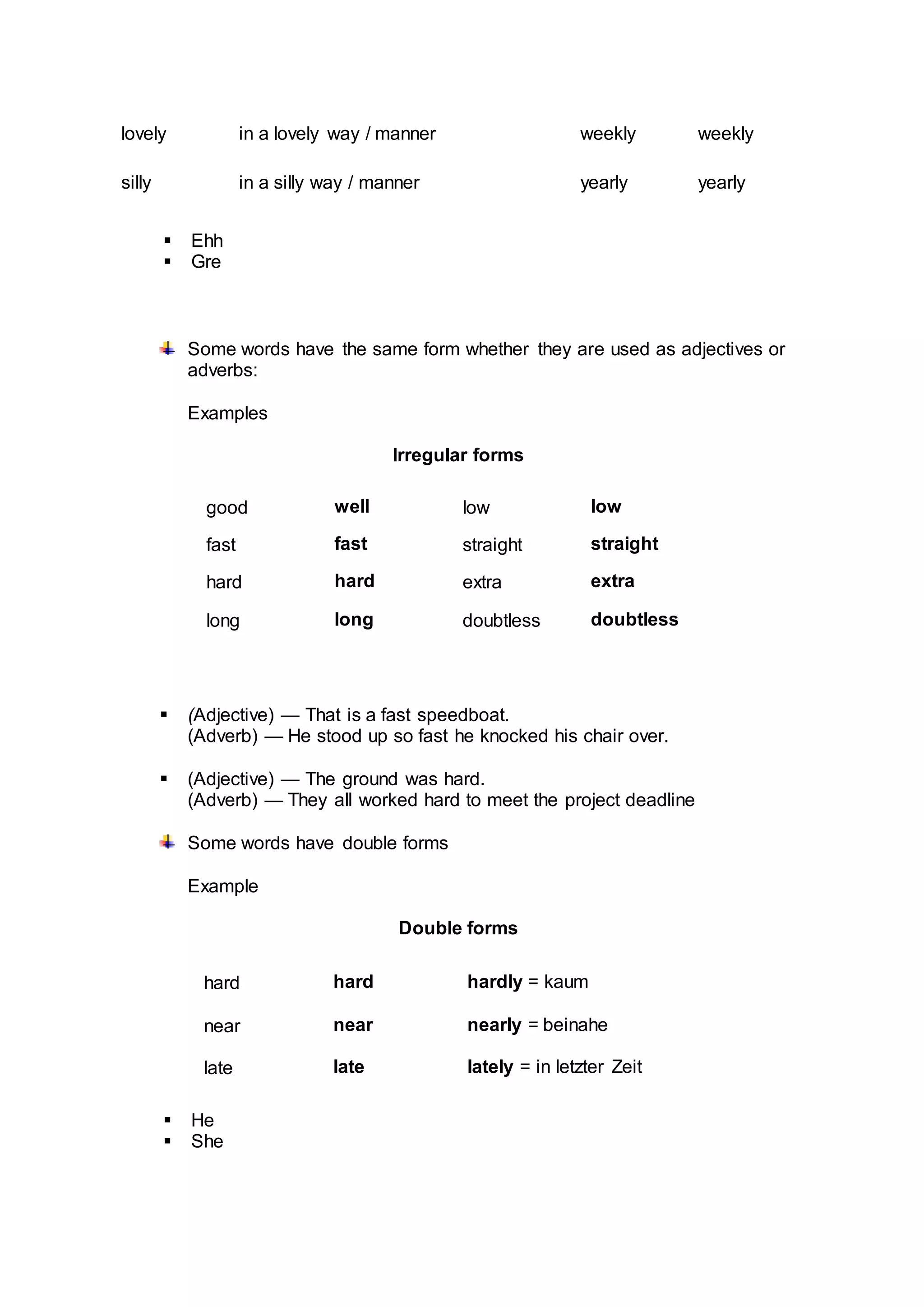 lovely in a lovely way / manner weekly weekly
silly in a silly way / manner yearly yearly
 Ehh
 Gre
Some words have the same form whether they are used as adjectives or
adverbs:
Examples
Irregular forms
good well low low
fast fast straight straight
hard hard extra extra
long long doubtless doubtless
 (Adjective) — That is a fast speedboat.
(Adverb) — He stood up so fast he knocked his chair over.
 (Adjective) — The ground was hard.
(Adverb) — They all worked hard to meet the project deadline
Some words have double forms
Example
Double forms
hard hard hardly = kaum
near near nearly = beinahe
late late lately = in letzter Zeit
 He
 She
 