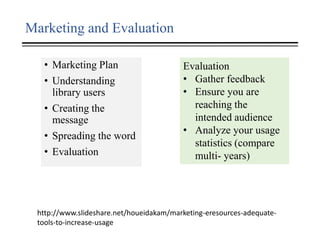Marketing and Evaluation
• Marketing Plan
• Understanding
library users
• Creating the
message
• Spreading the word
• Evaluation
http://www.slideshare.net/houeidakam/marketing-eresources-adequate-
tools-to-increase-usage
Evaluation
• Gather feedback
• Ensure you are
reaching the
intended audience
• Analyze your usage
statistics (compare
multi- years)
 