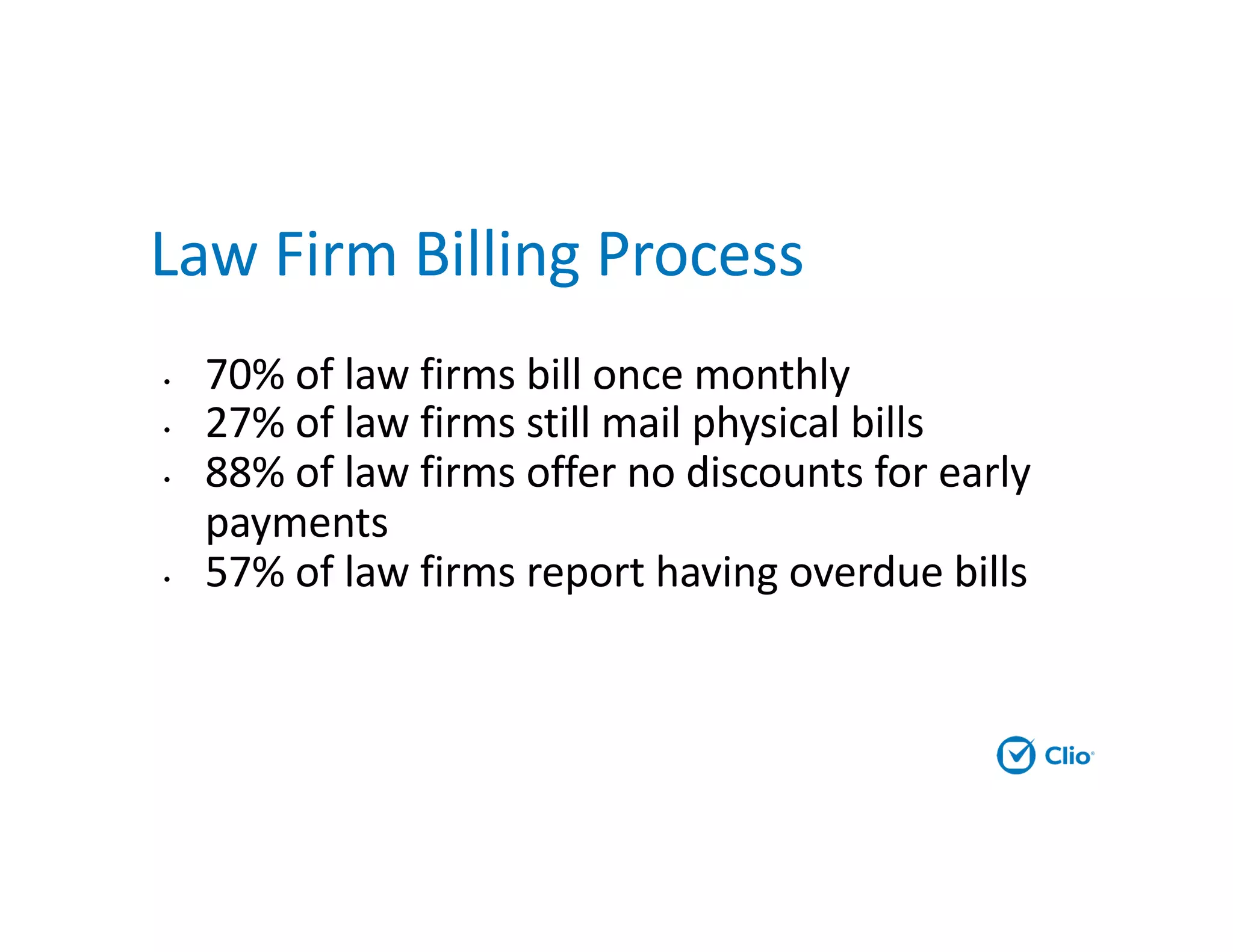Law Firm Billing Process
• 70% of law firms bill once monthly
• 27% of law firms still mail physical bills
• 88% of law firms offer no discounts for early
payments
• 57% of law firms report having overdue bills
 