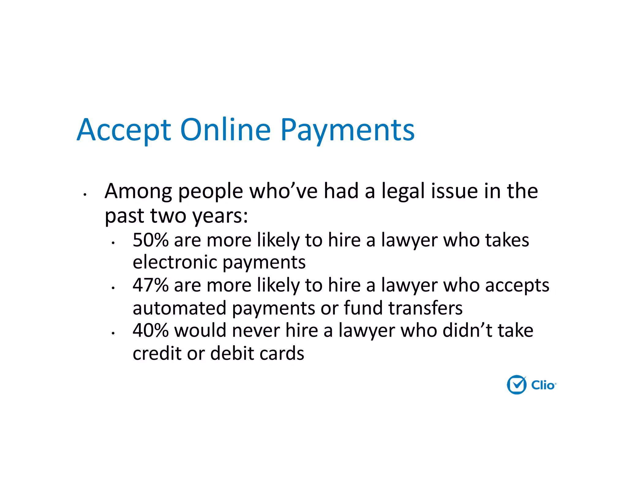 Accept Online Payments
• Among people who’ve had a legal issue in the
past two years:
• 50% are more likely to hire a lawyer who takes
electronic payments
• 47% are more likely to hire a lawyer who accepts
automated payments or fund transfers
• 40% would never hire a lawyer who didn’t take
credit or debit cards
 