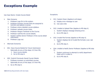 Exceptions Example Use Case Name: Create Course Detail Main Scenario Professor Logs On to the system. Professor browses courses that are assigned to him/her and selects a course. Professor enters detailed course syllabus. Professor uploads course notes. Professor Assigns Textbook to the Course. Professor submits the course details. System notifies Senior Professor of the course detail submission. Professor Logs out.  Alternate Scenarios AS1: Save Course Details for Future Submission Optionally do any of the steps 3-5 from MS. Save course details. Go to MS step 8. AS2: Submit Previously Saved Course Details Professor browses un-submitted courses. Optionally do any of the steps 3-5 from MS. Go to MS step 6.   Exceptions EX1: System Down (Applies to all steps) Display error message to user Use case ends EX2: Unable to Upload Files (Applies to MS step 4) System displays message showing error. Go to MS step 4.  EX3: Invalid File Format (Applies to MS step 4) System displays list of invalid file formats (.exe .bat .vbs). Go to MS step 4.  EX4: Unable to Notify Senior Professor (Applies to MS step 7) System continues to attempt to notify department head until it is able to. Go to MS step 8. 