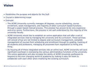 Vision Establishes the purpose and objects for the SuD Crucial in determining scope Example: The ACME University currently manages all degrees, course scheduling, course enrollment, asset management, and majority of other curriculum based functions through a paper based manual process. This process has proven to be very expensive and error prone. Furthermore, the process is not well understood by the majority of the university faculty.  ACME University would like to establish an online application that will offer a set of integrated services vital to managing the university and its curriculum. These services will consist of but are not limited to degree and curriculum management, complete management of courses from scheduling and enrollment through to grading, tracking of all students and professors, managing all processes from registration to hiring and firing.  By housing all of these integrated services into an online tool, ACME University will save significant overhead in overseeing the various administrative functions of the university. The online application will also increase the ability of ACME University professors to respond to the ever changing world of academia by making it easy for them to collaborate with each other when modifying the existing curriculum.   