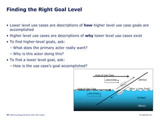 Finding the Right Goal Level Lower level use cases are descriptions of  how  higher level use case goals are accomplished Higher level use cases are descriptions of  why  lower level use cases exist To find higher-level goals, ask: What does the primary actor really want? Why is this actor doing this? To find a lower level goal, ask: How is the use case’s goal accomplished? 