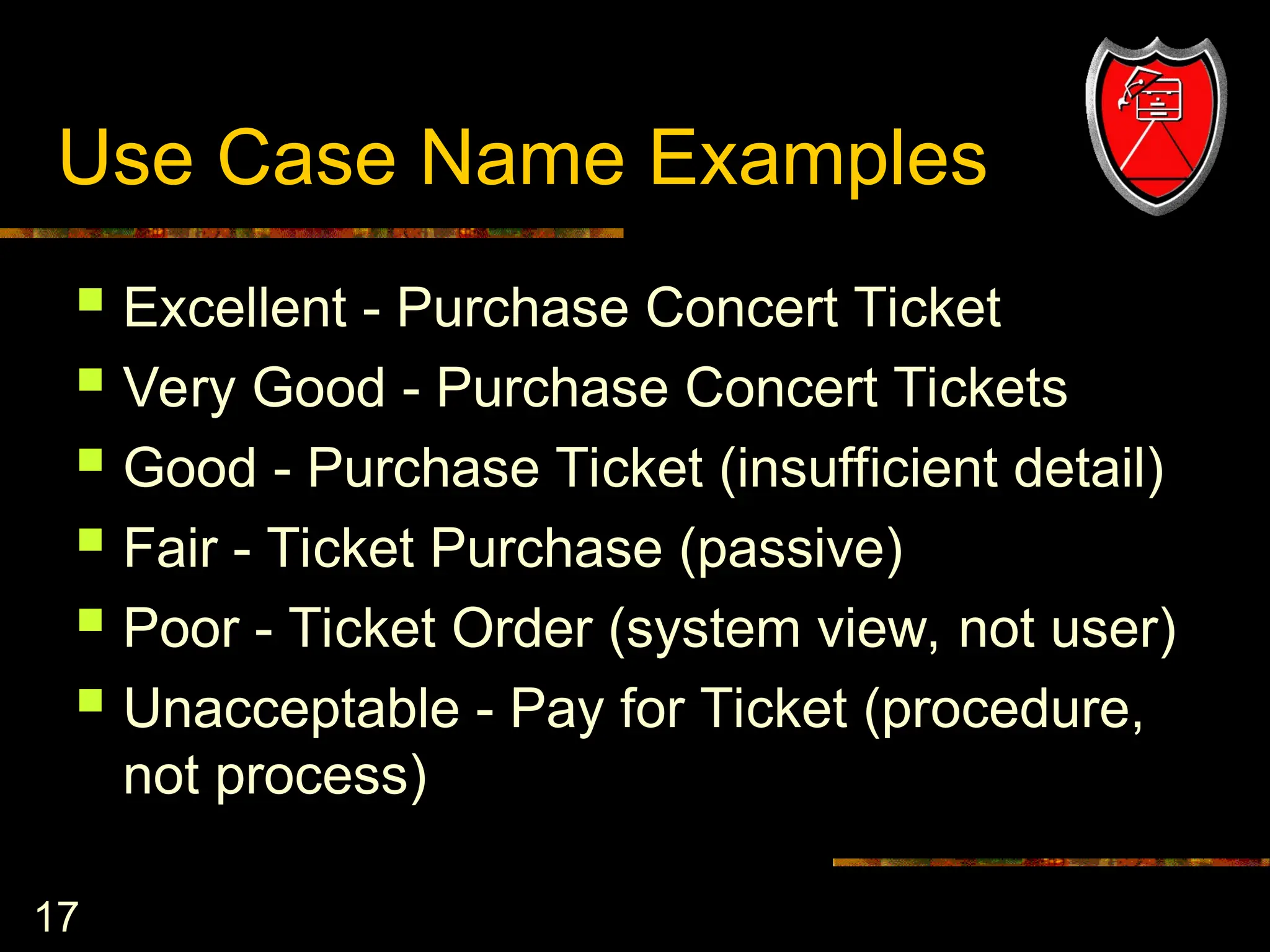 17
Use Case Name Examples
 Excellent - Purchase Concert Ticket
 Very Good - Purchase Concert Tickets
 Good - Purchase Ticket (insufficient detail)
 Fair - Ticket Purchase (passive)
 Poor - Ticket Order (system view, not user)
 Unacceptable - Pay for Ticket (procedure,
not process)
 