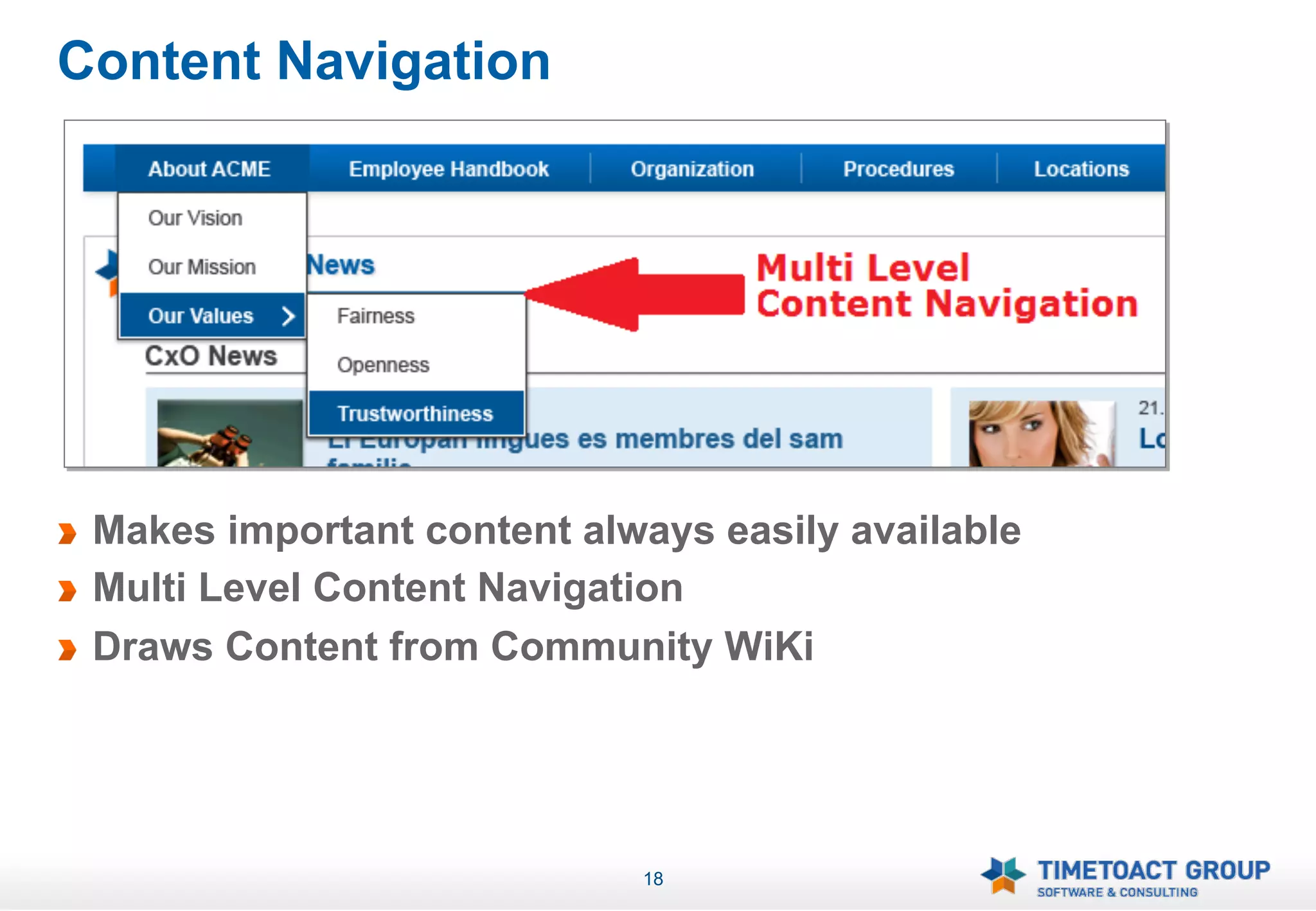 Content Navigation




!   Makes important content always easily available
!   Multi Level Content Navigation
!   Draws Content from Community WiKi




                               18
 