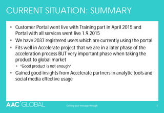 CURRENT SITUATION: SUMMARY
Customer Portal went live with Training part in April 2015 and
Portal with all services went live 1.9.2015
We have 2037 registered users which are currently using the portal
Fits well in Accelerate project that we are in a later phase of the
acceleration process BUT very important phase when taking the
product to global market
”Good product is not enough”
Gained good insights from Accelerate partners in analytic tools and
social media effective usage
Getting your message through 11
 